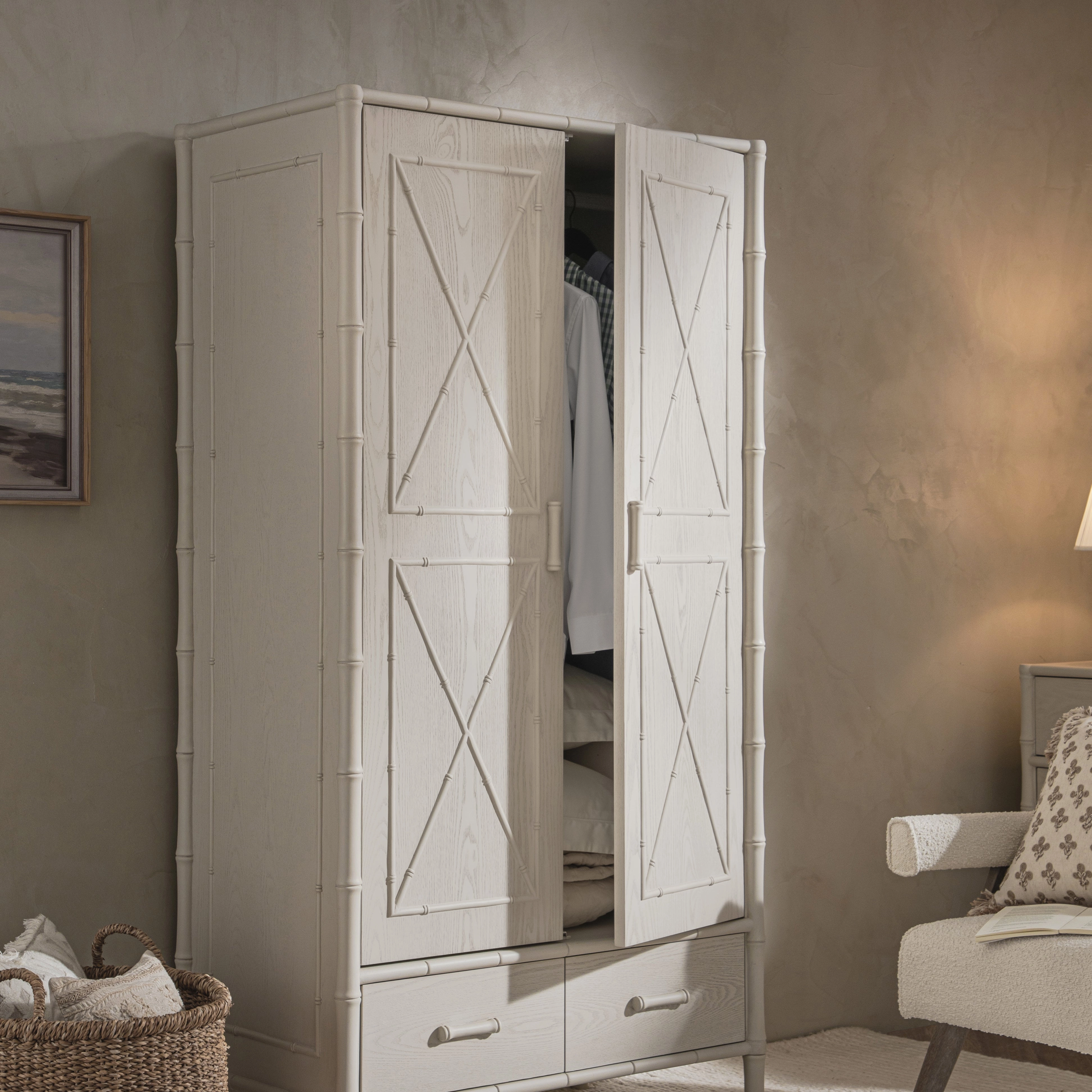 Elstowe Faux Bamboo Double Wardrobe, Shaded White