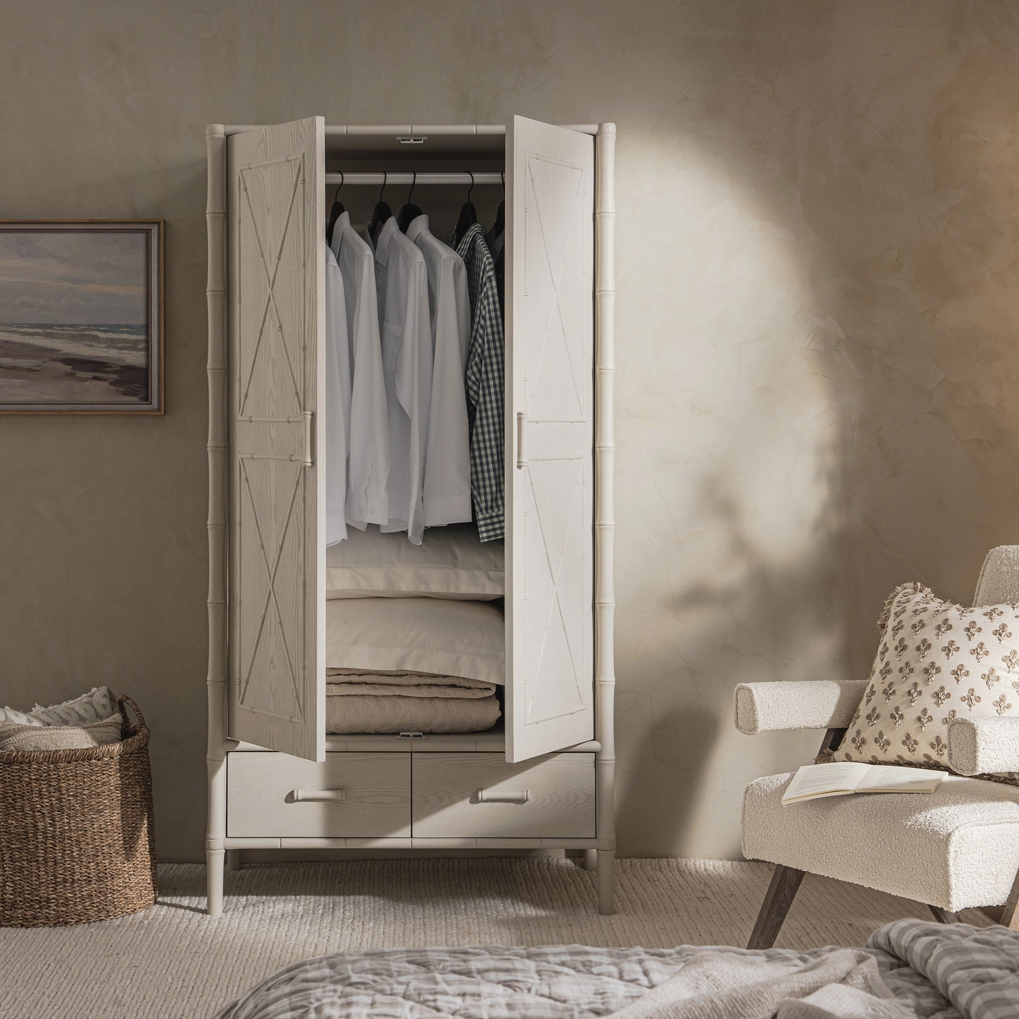 Elstowe Faux Bamboo Double Wardrobe, Shaded White