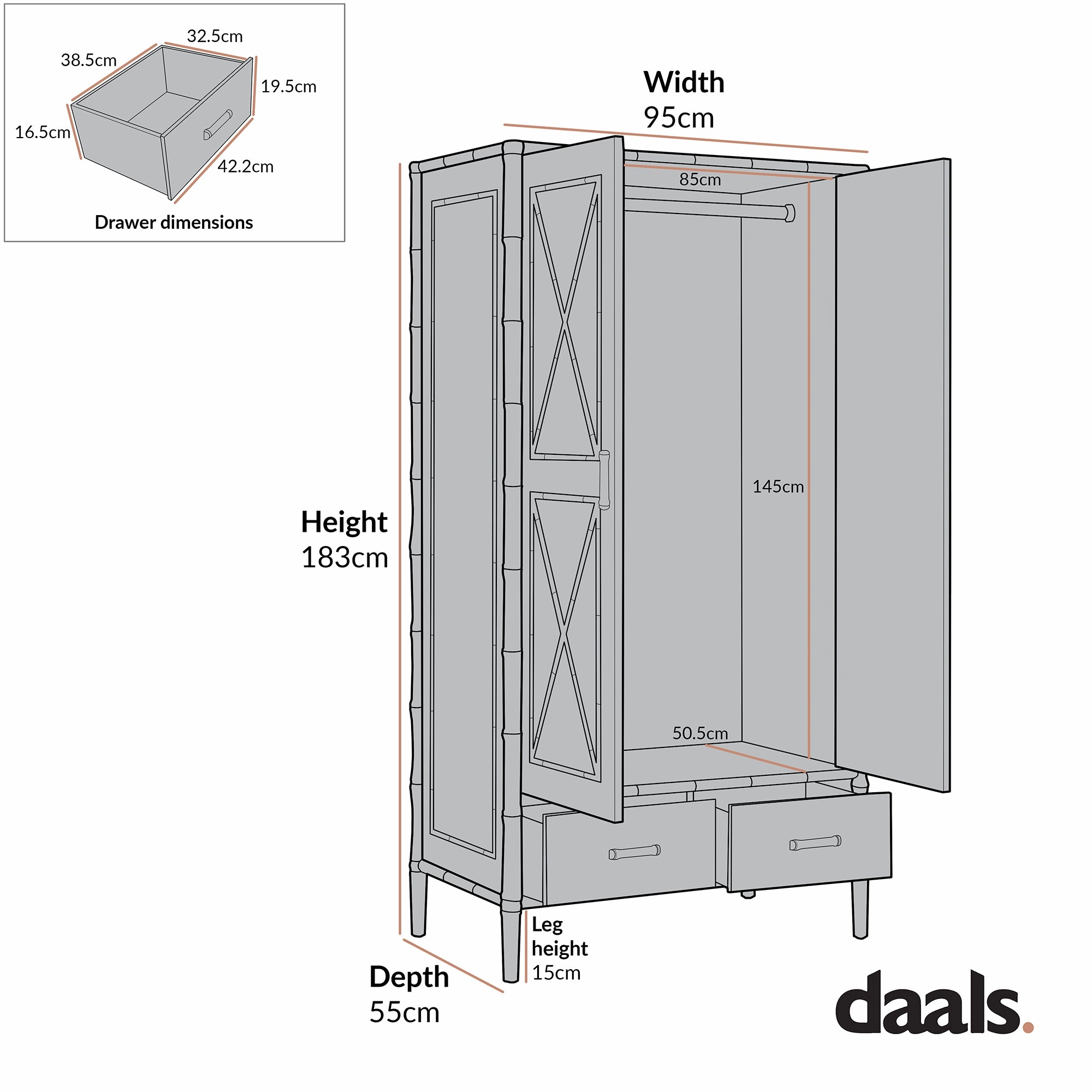 Elstowe Faux Bamboo Double Wardrobe, Shaded White