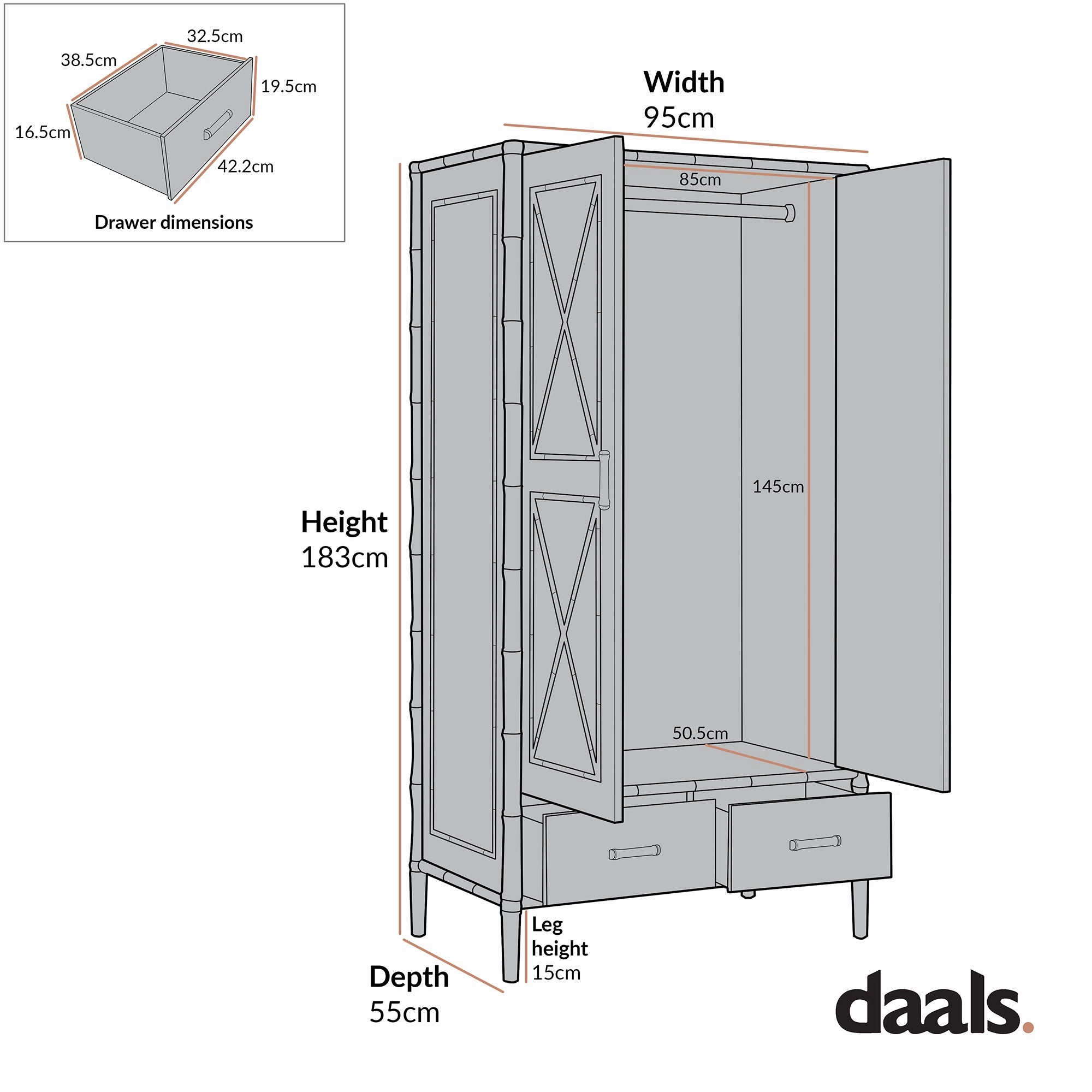 Elstowe Faux Bamboo Double Wardrobe, Shaded White