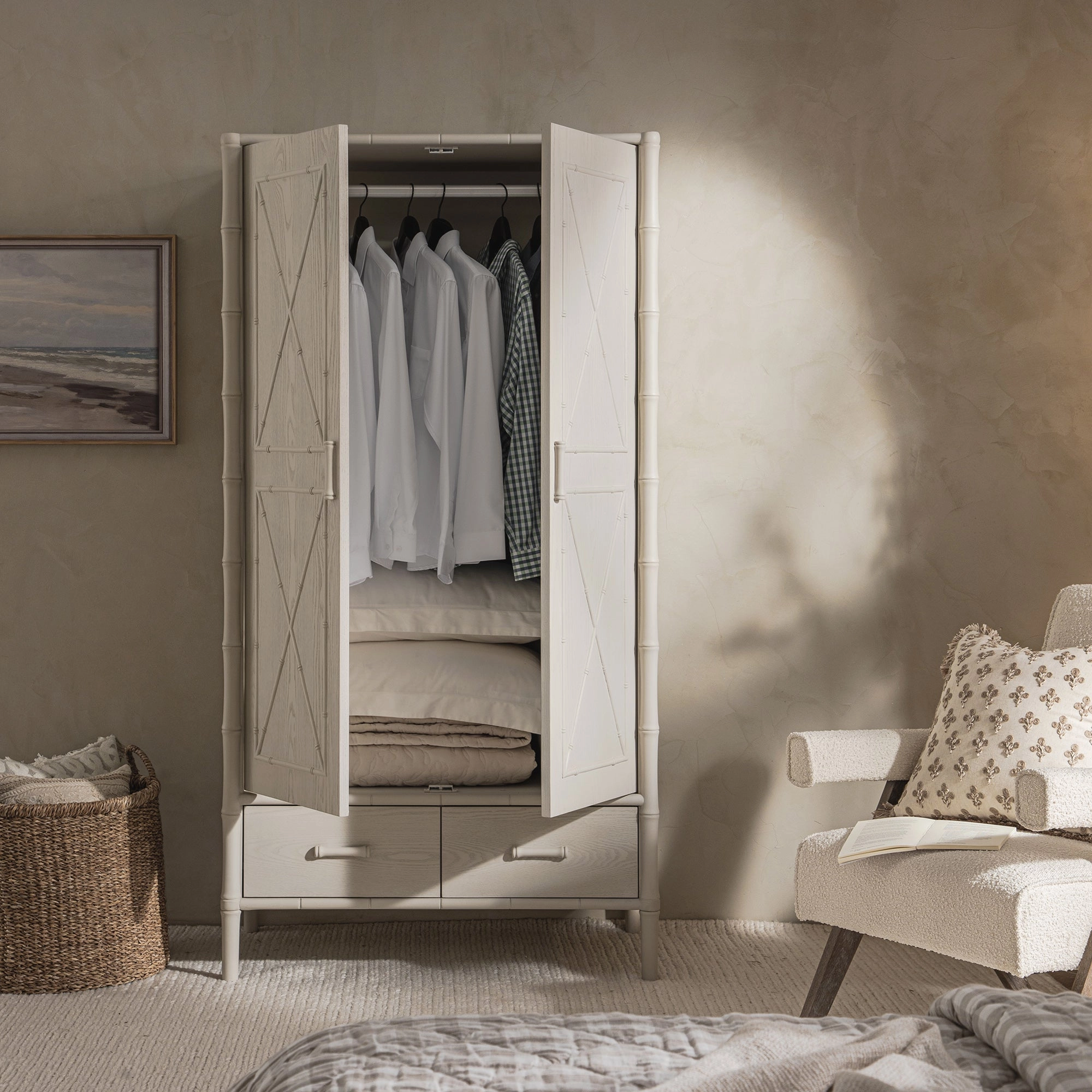 Elstowe Faux Bamboo Double Wardrobe, Shaded White