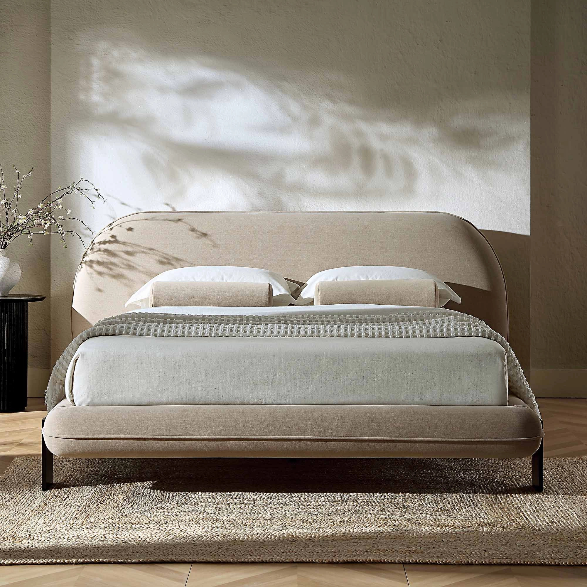 Elystan Oval Headboard Upholstered Bed, Warm Beige Fabric