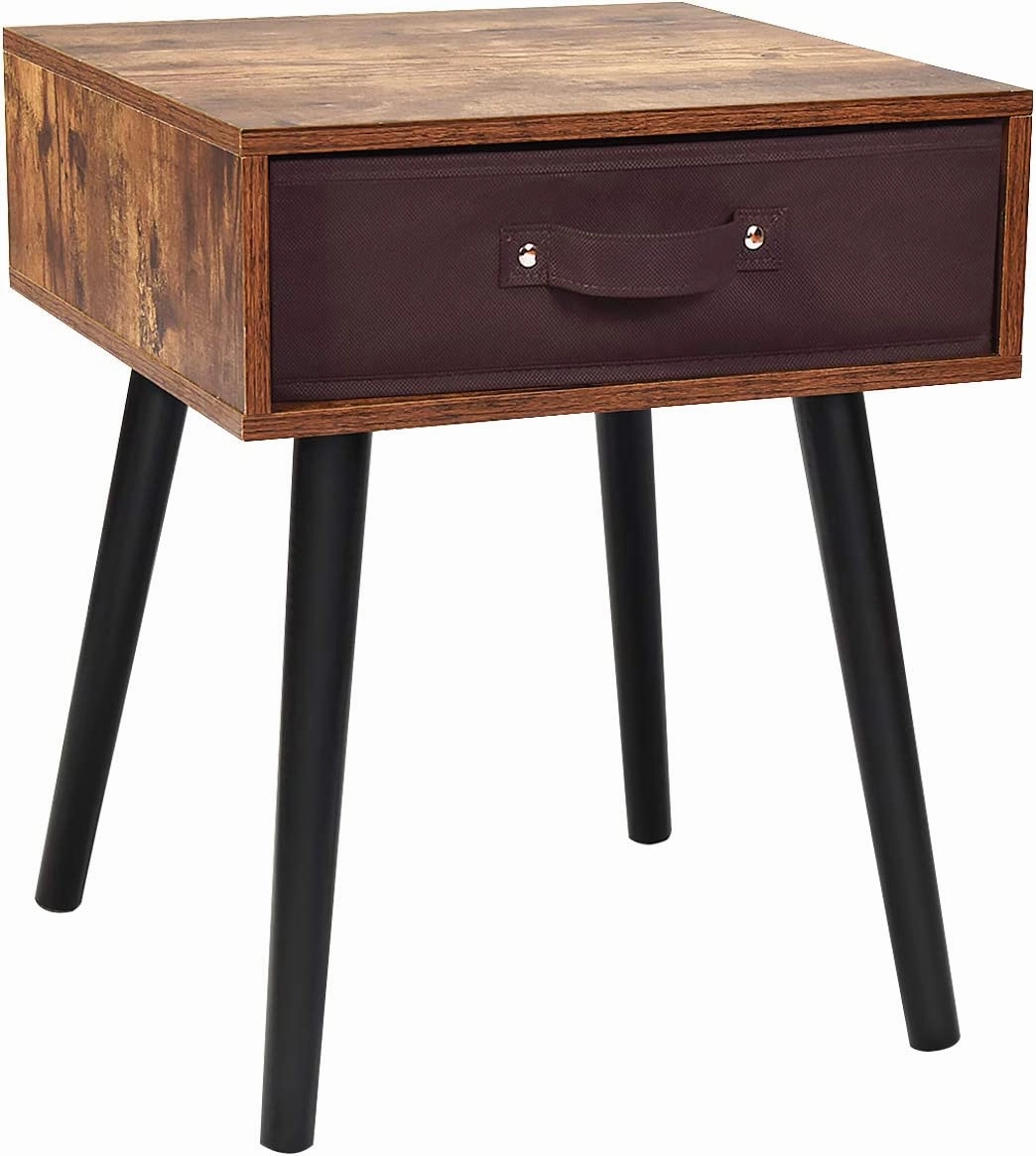End Table Accent Bedside Table W/ 1 Removable Fabric Drawer and Solid Wooden Legs