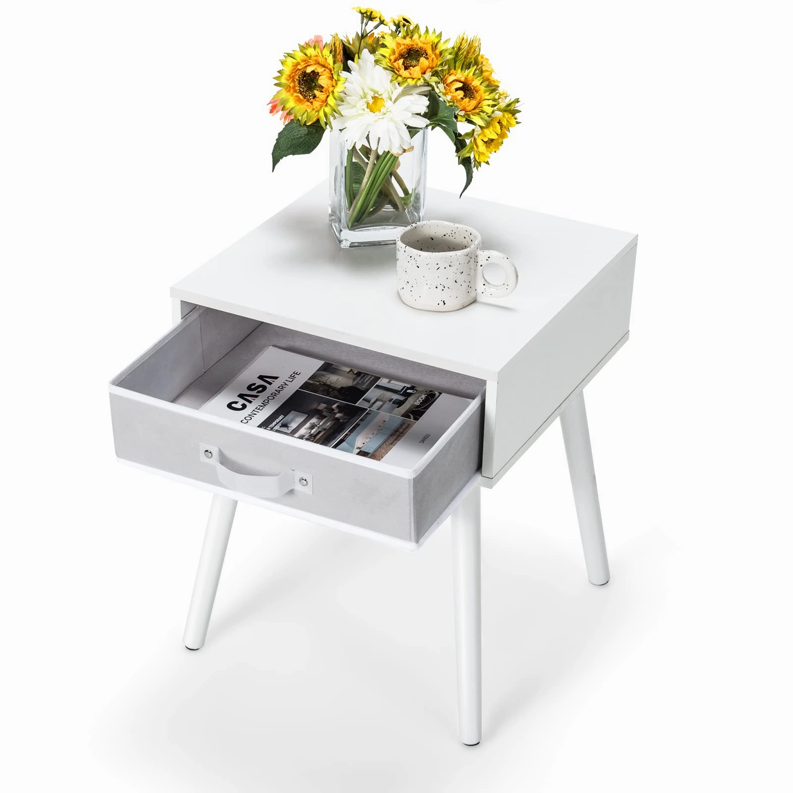 End Table Accent Bedside Table W/ 1 Removable Fabric Drawer and Solid Wooden Legs throw pillow, fuzzy blanket