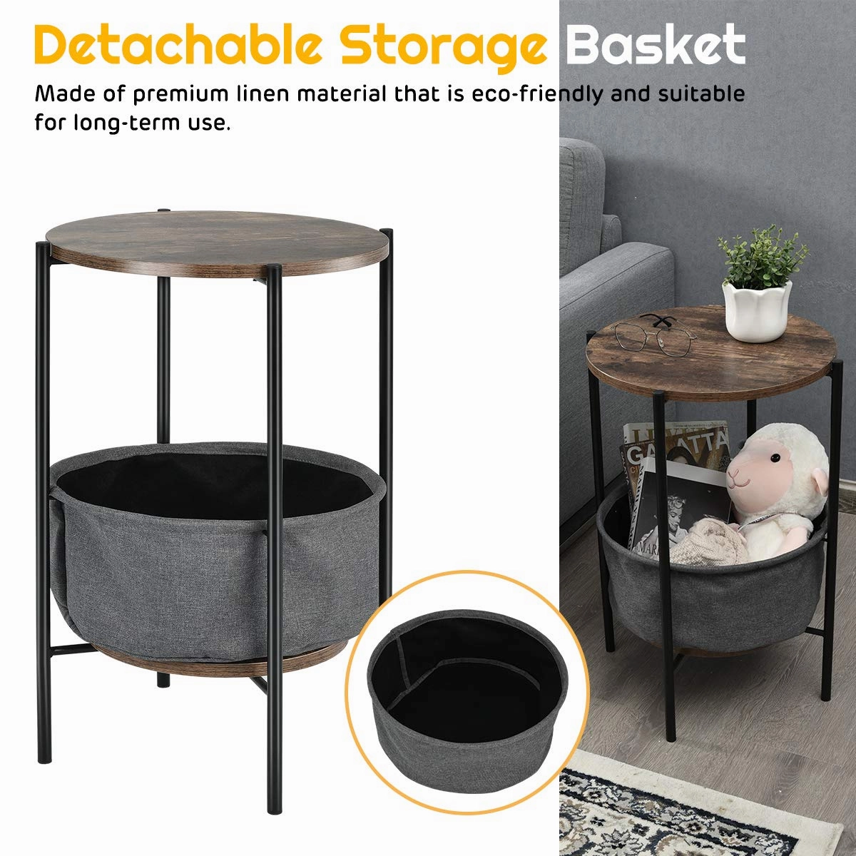 End Table Round Sofa Side Table W/Durable Storage Fabric Basket