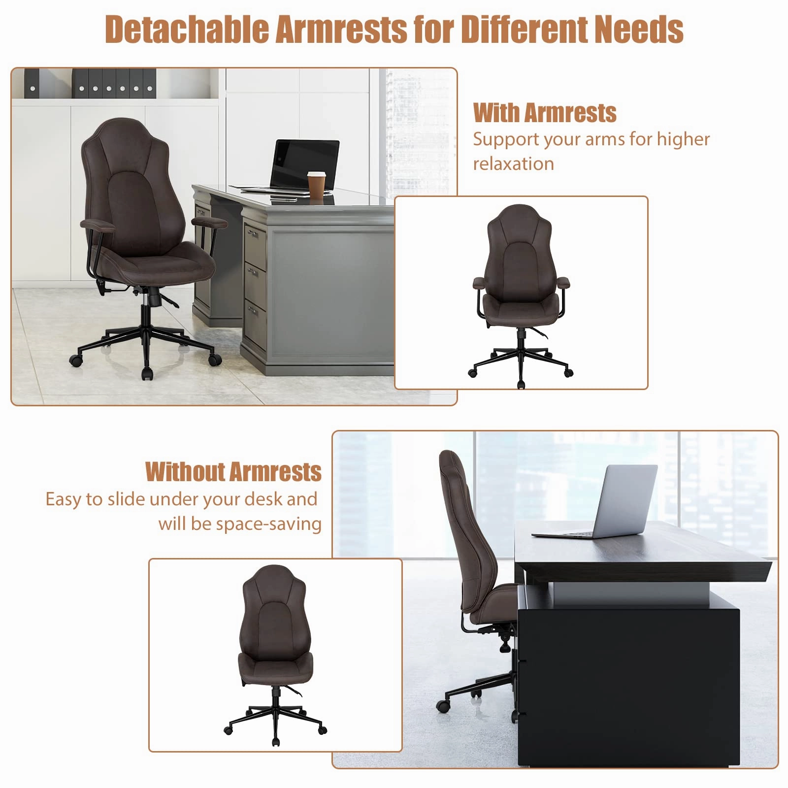 Ergonomic Leathaire Task Chair with Comfortable Padded Seat & Detachable Armrests