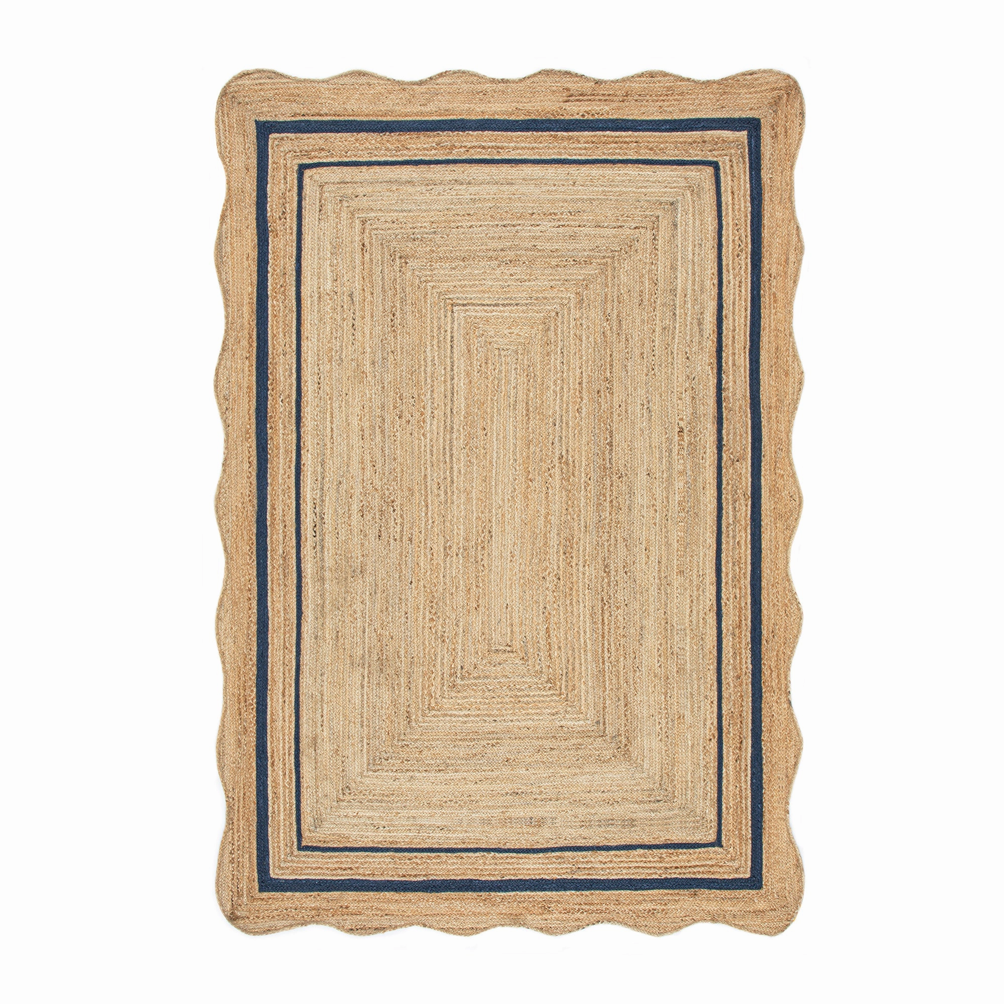 Evie Hand Braided Jute Scallop Navy Blue Border Rectangular Rug