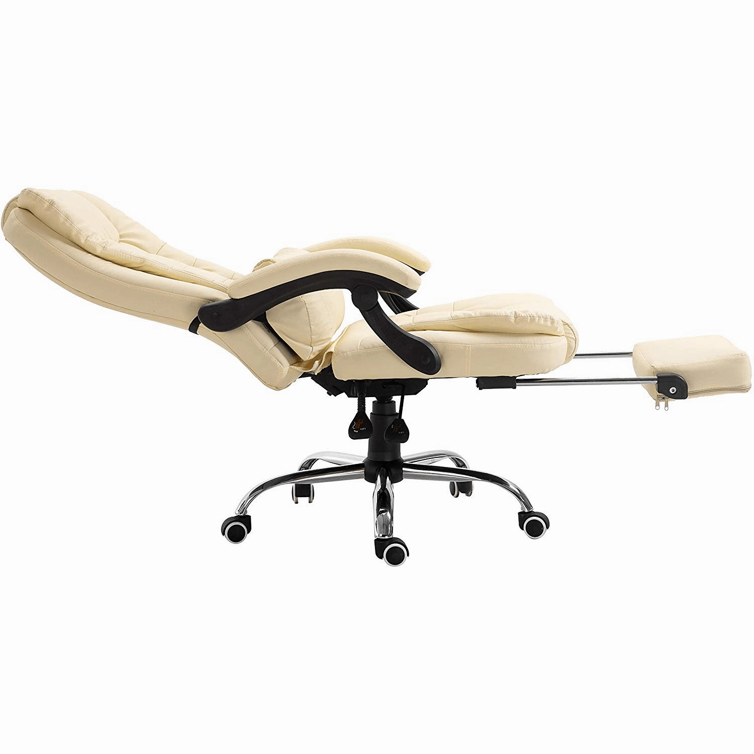Executive Reclining Desk Chair with Footrest, Headrest and Lumbar Cushion, Cream PU Leather
