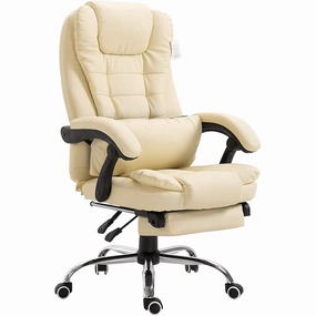 Executive Reclining Desk Chair with Footrest, Headrest and Lumbar Cushion, Cream PU Leather