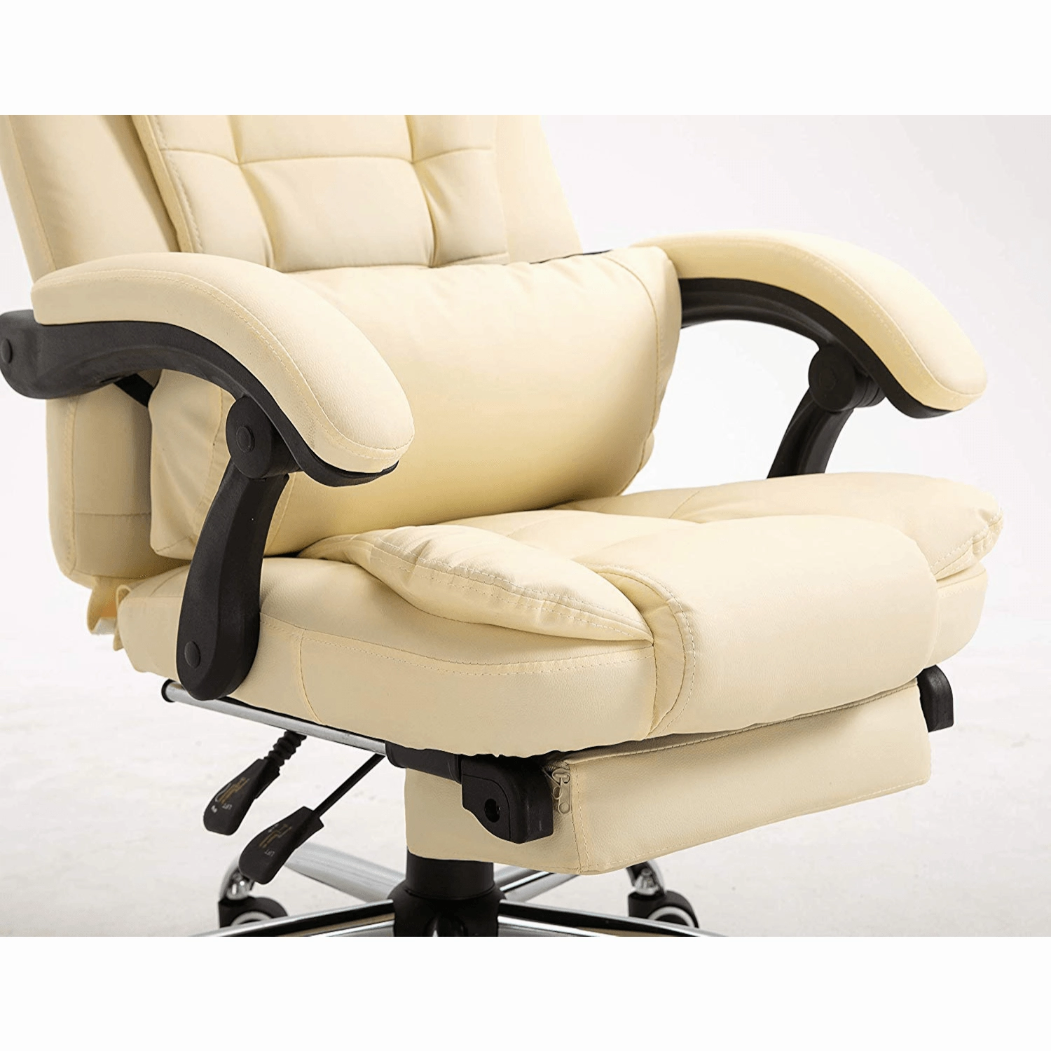 Executive Reclining Desk Chair with Footrest, Headrest and Lumbar Cushion, Cream PU Leather