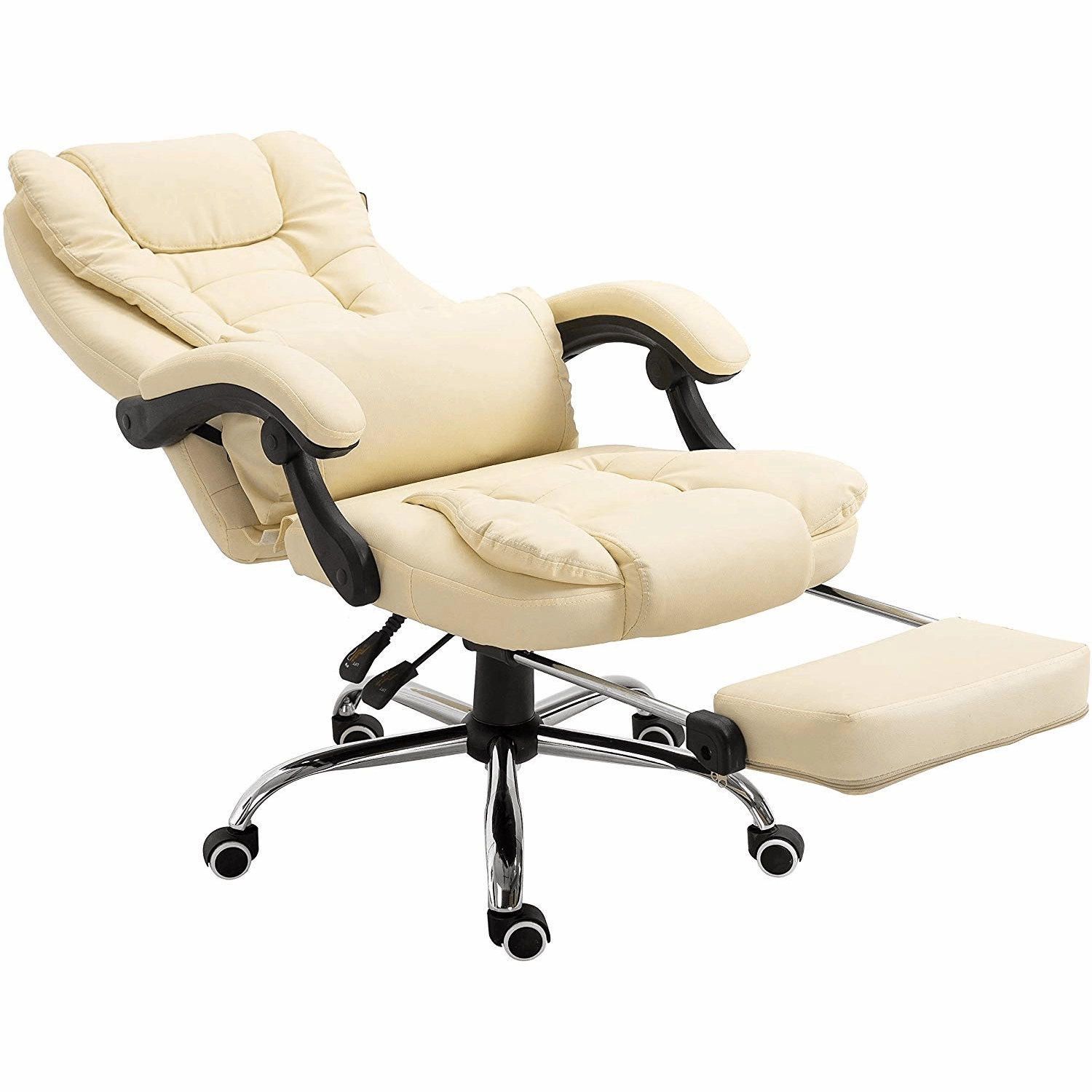 Executive Reclining Desk Chair with Footrest, Headrest and Lumbar Cushion, Cream PU Leather