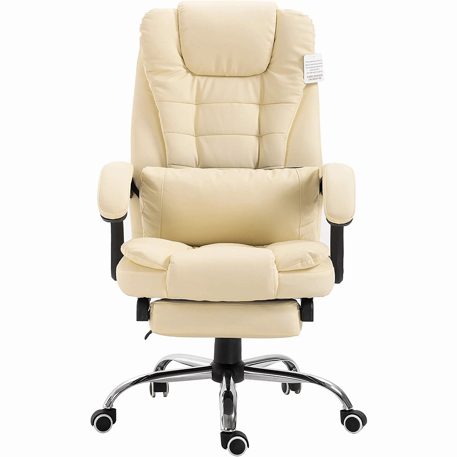 Executive Reclining Desk Chair with Footrest, Headrest and Lumbar Cushion, Cream PU Leather