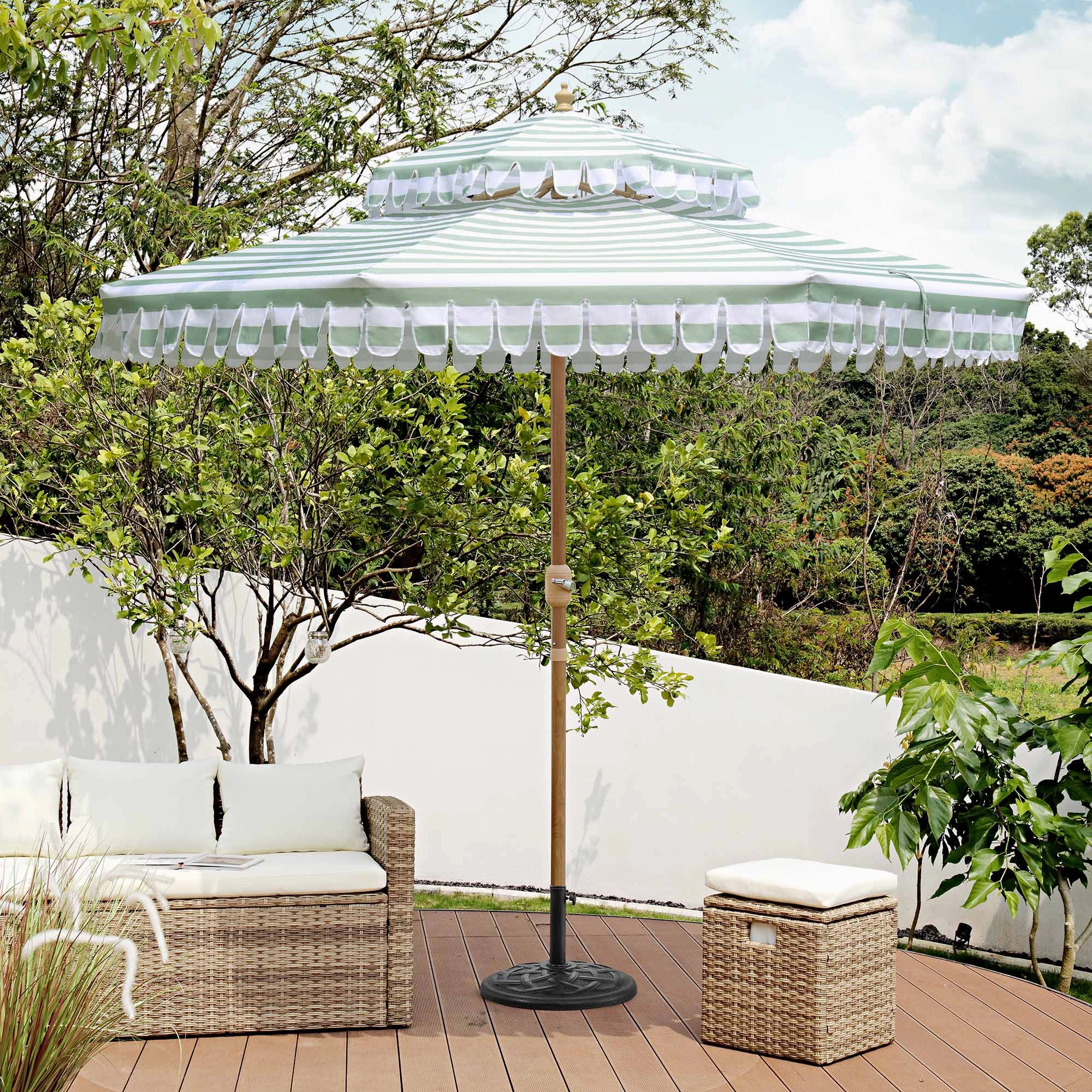Fabienne Sage Green and White Striped 3M Double Top Crank and Tilt Parasol
