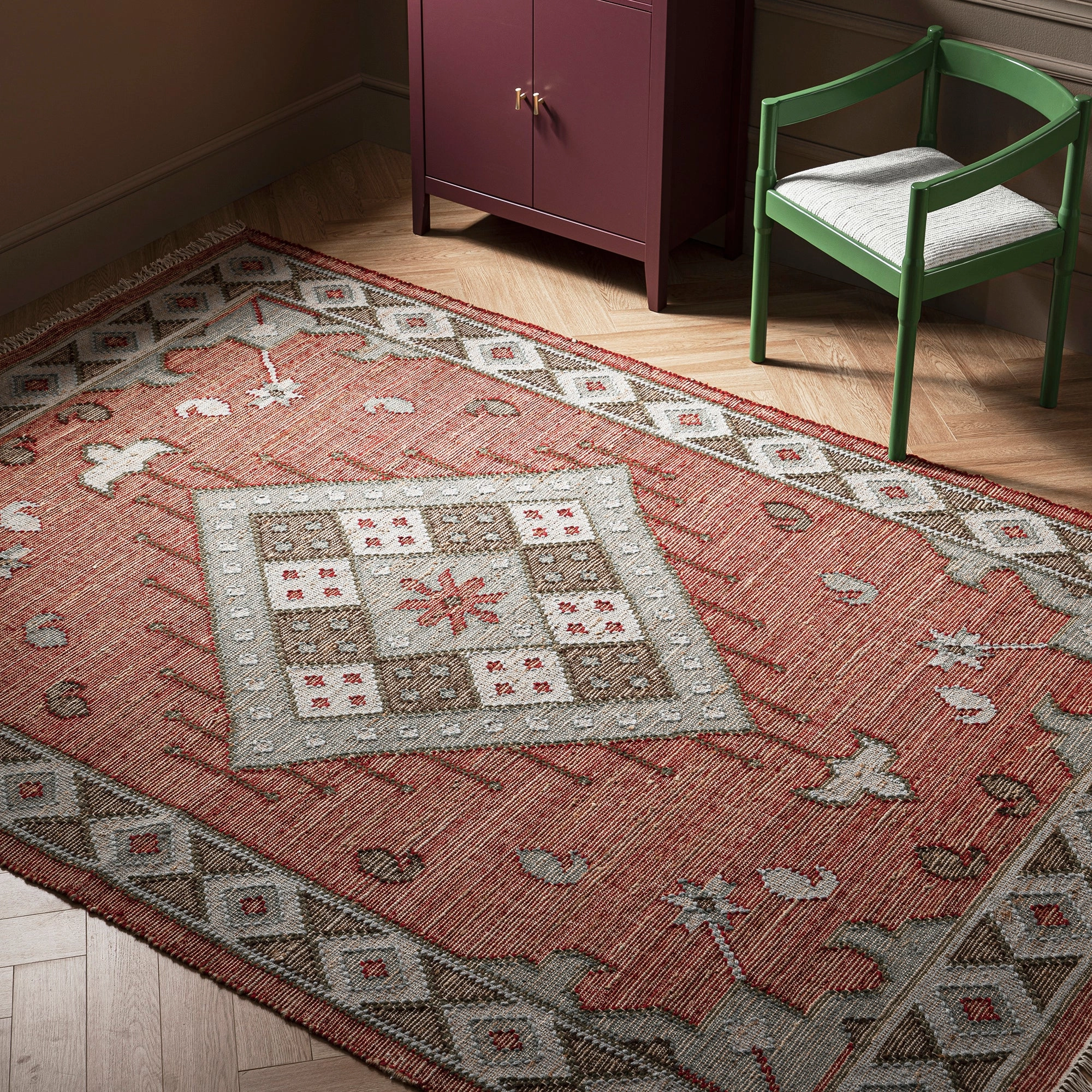 Farah Kilim Traditional Handwoven Wool & Jute Deep Red Rug
