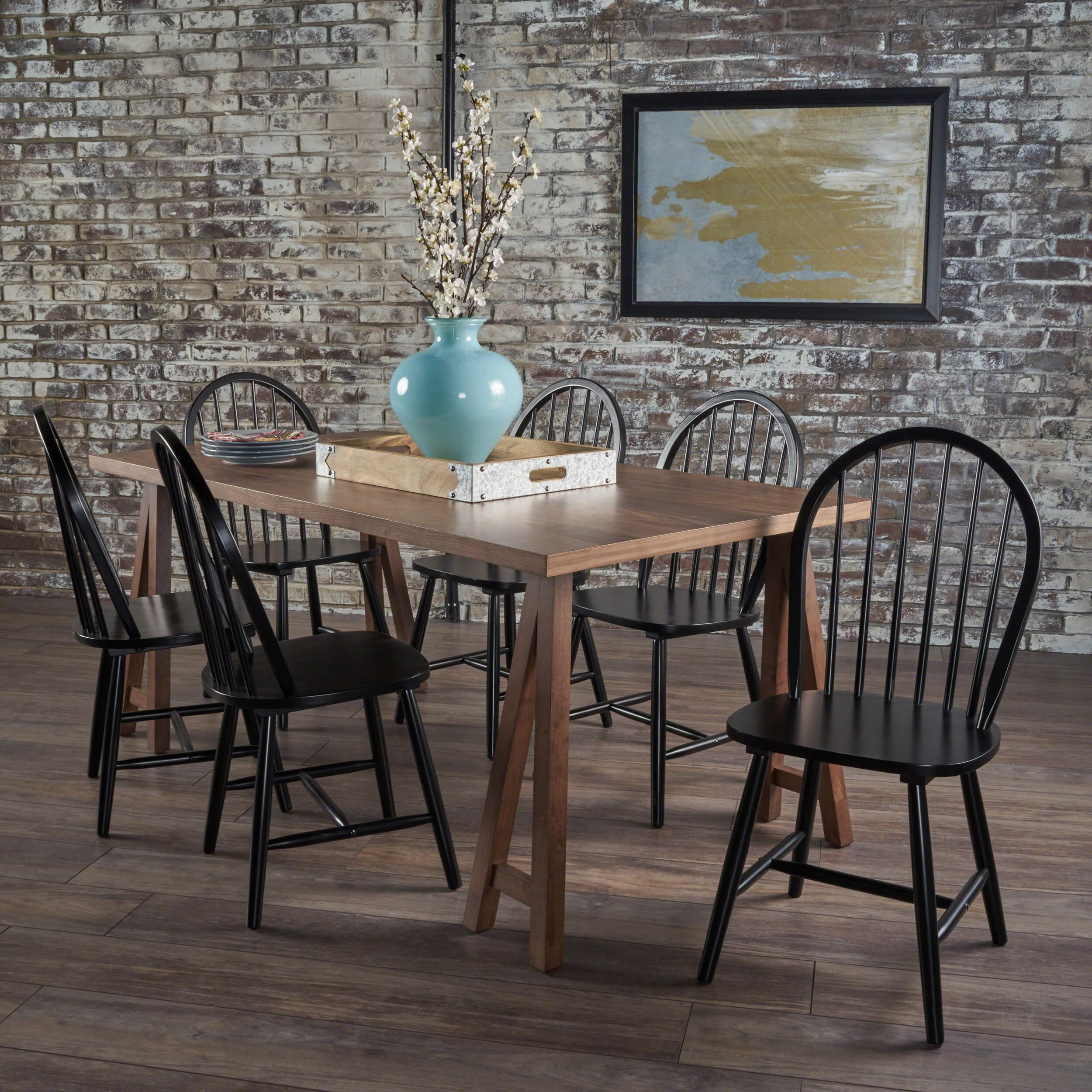 Farmhouse Cottage 7 Piece Faux Wood Dining Set with Rubberwood Chairs - NH324203 kitchen accessories, table linens