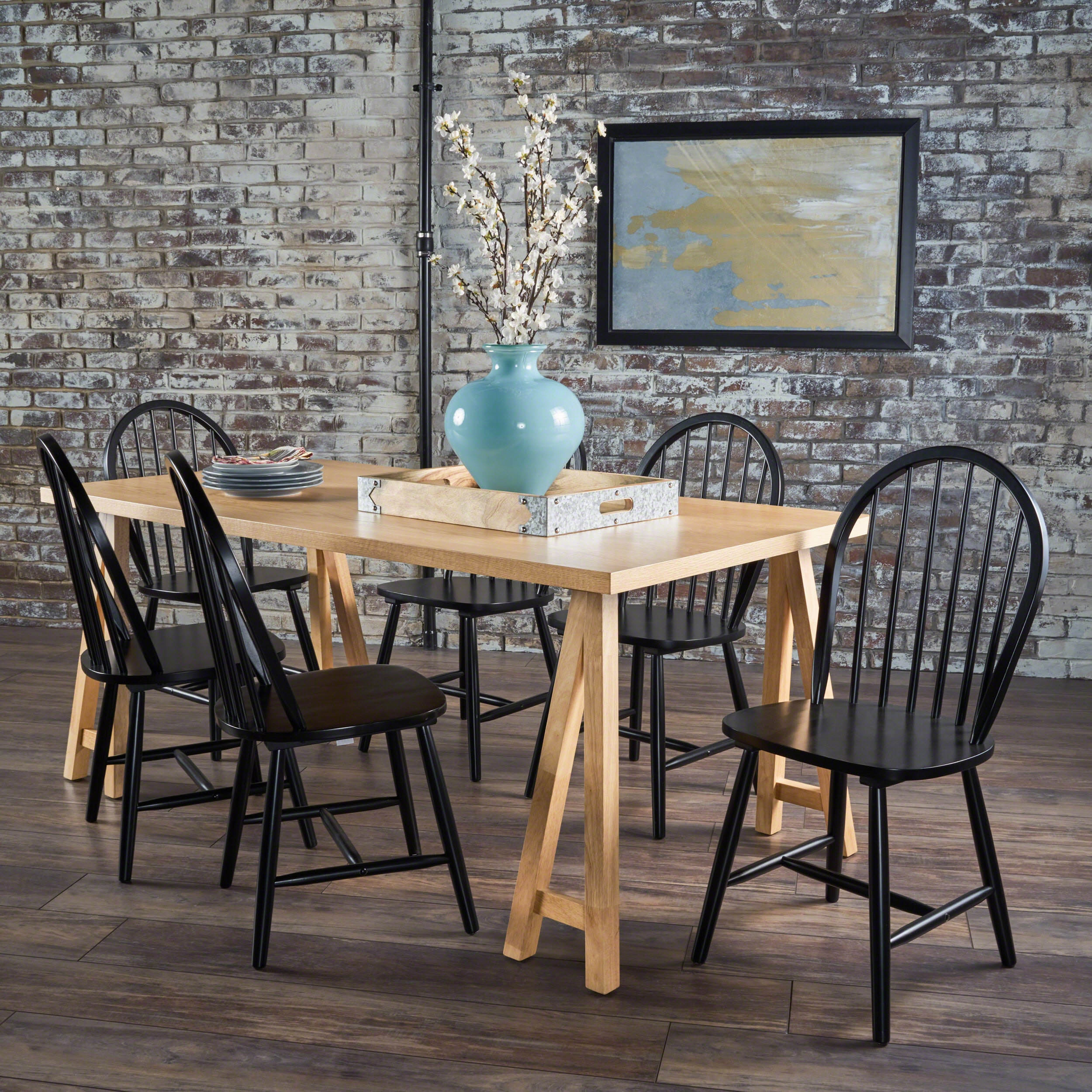 Farmhouse Cottage 7 Piece Faux Wood Dining Set with Rubberwood Chairs - NH324203