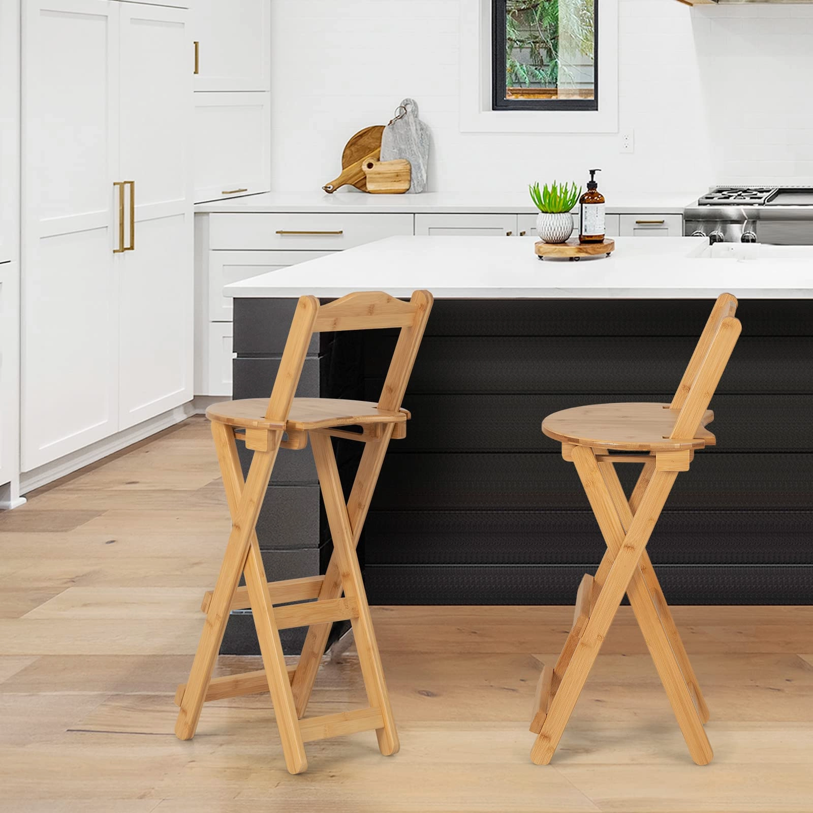 Folding Bamboo Bar Stools 24 Kitchen Counter Height Stool with Backrest & Footrest