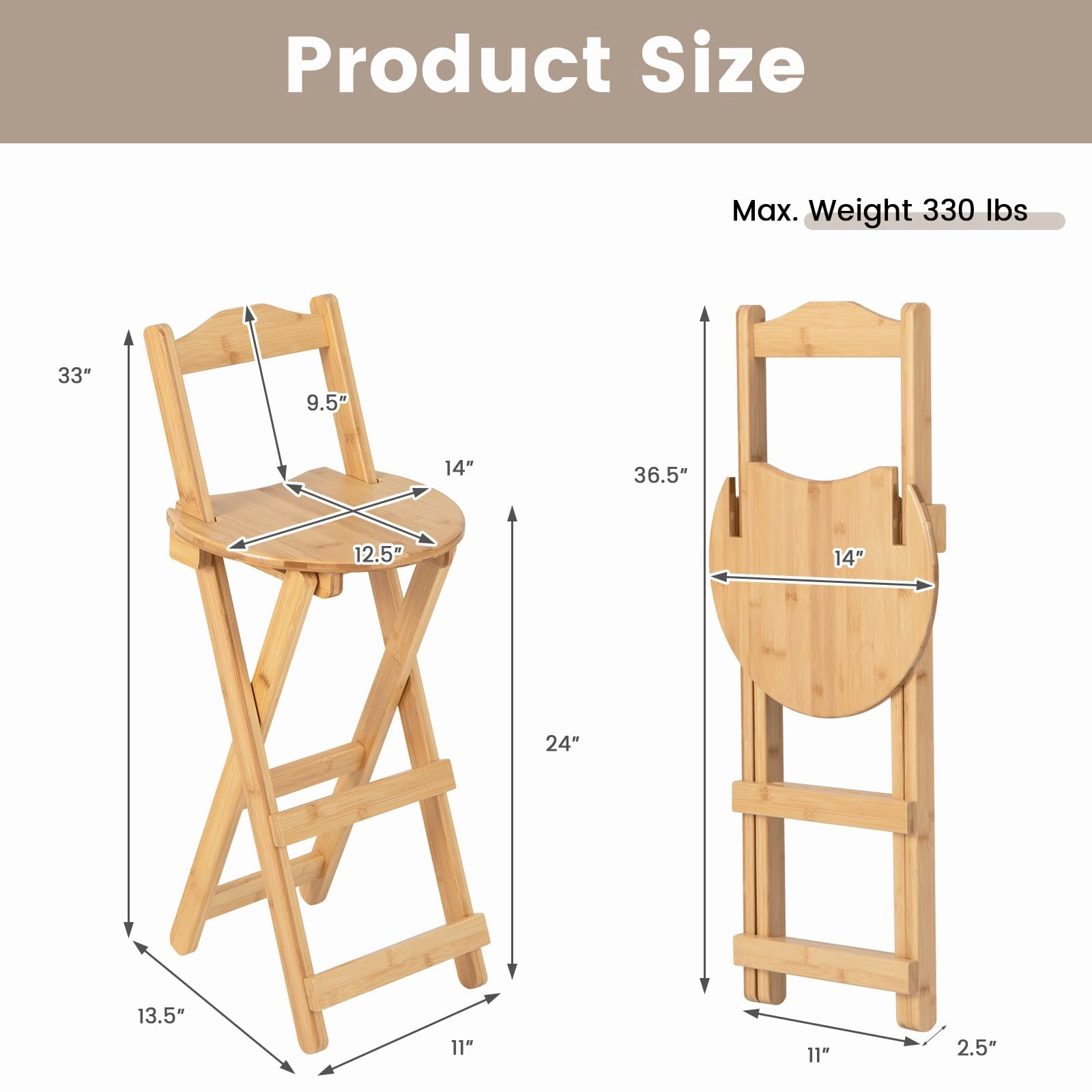 Folding Bamboo Bar Stools 24 Kitchen Counter Height Stool with Backrest & Footrest