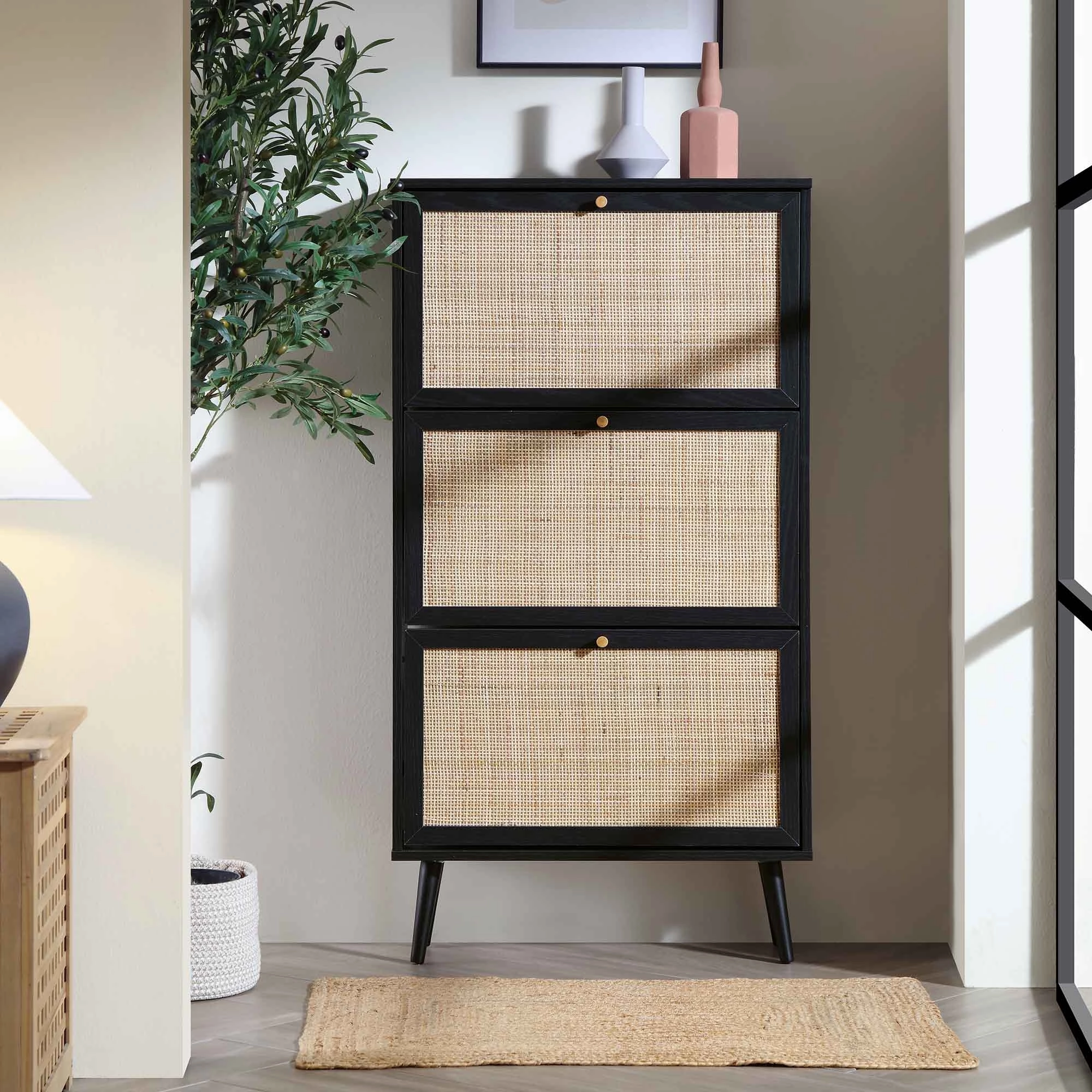 Frances Rattan 3 Tier Shoe Storage Cabinet, Black