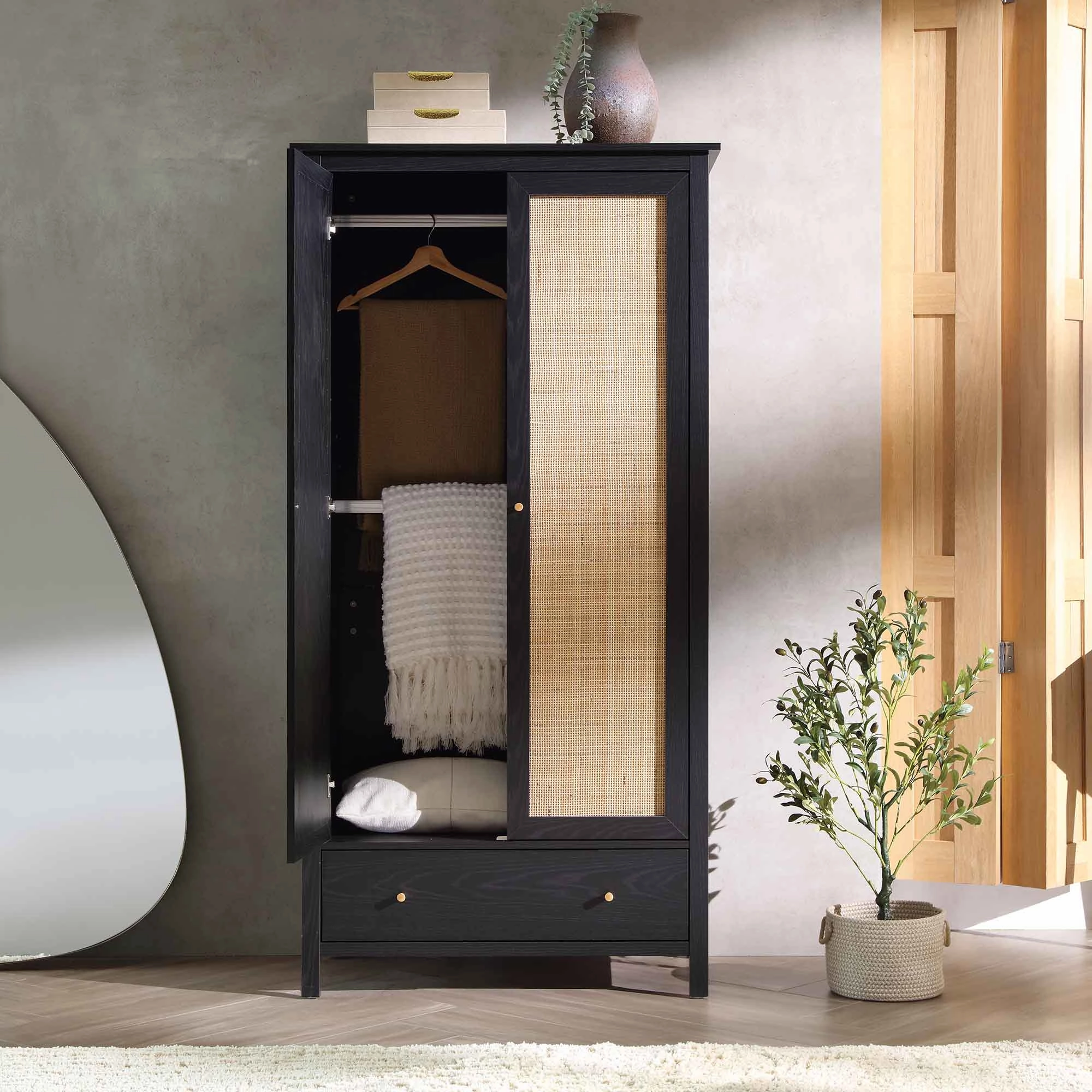 Frances Rattan Double Wardrobe with 1 Drawer, Black