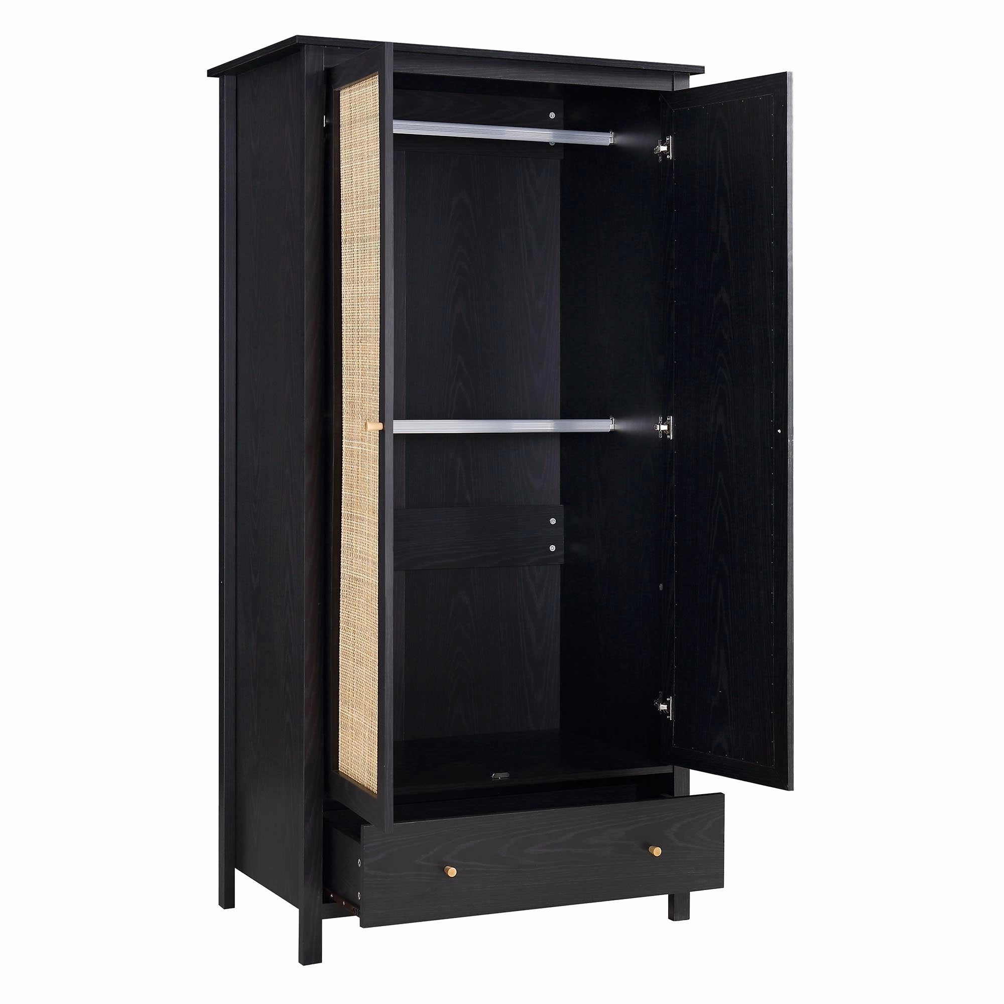 Frances Rattan Double Wardrobe with 1 Drawer, Black
