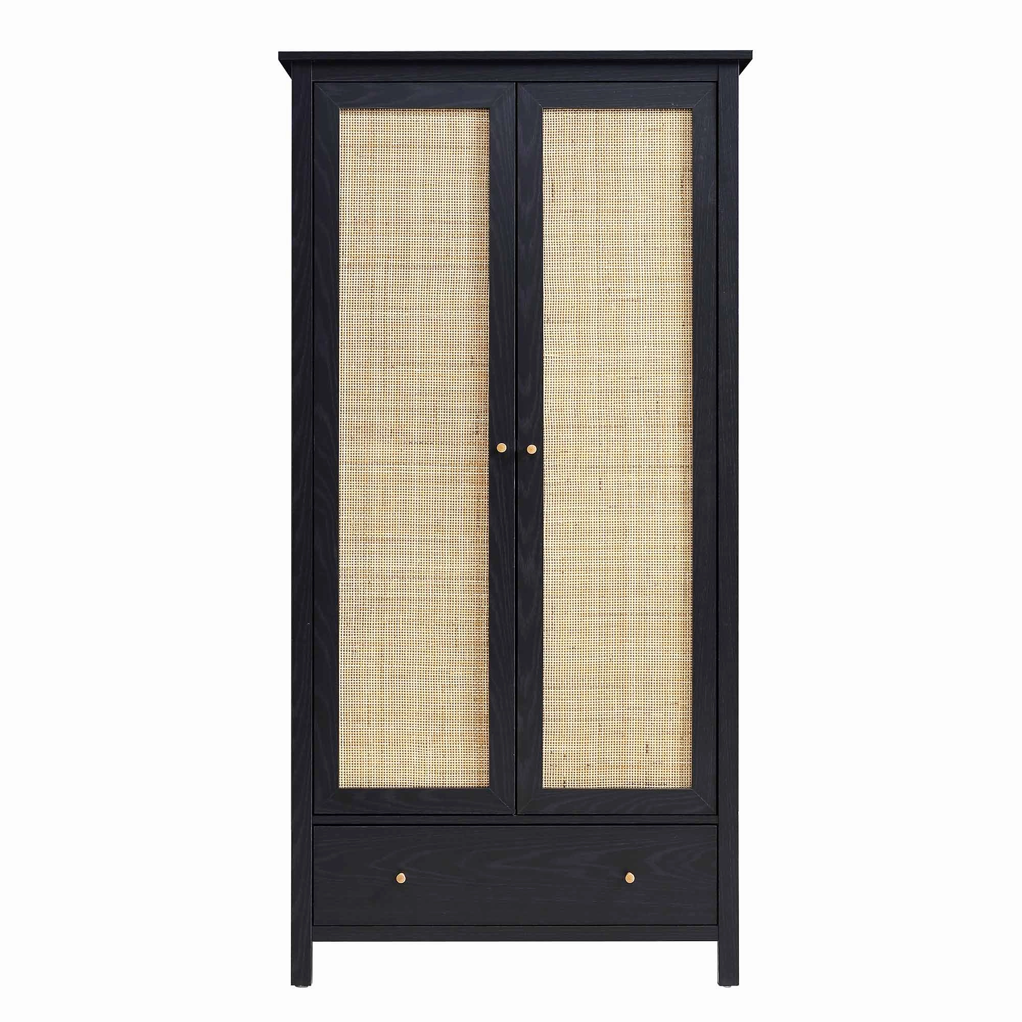 Frances Rattan Double Wardrobe with 1 Drawer, Black