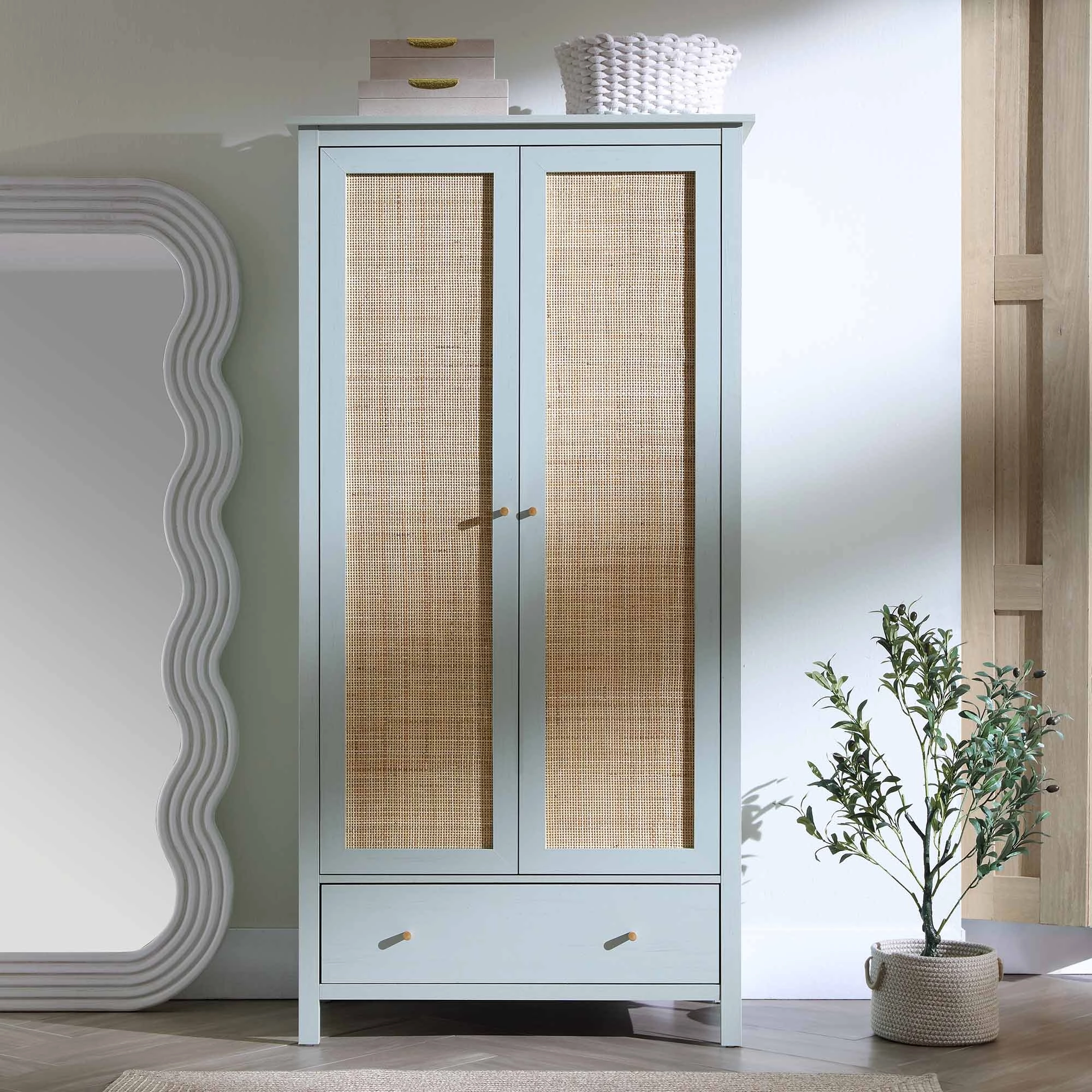 Frances Rattan Double Wardrobe with 1 Drawer, Mint