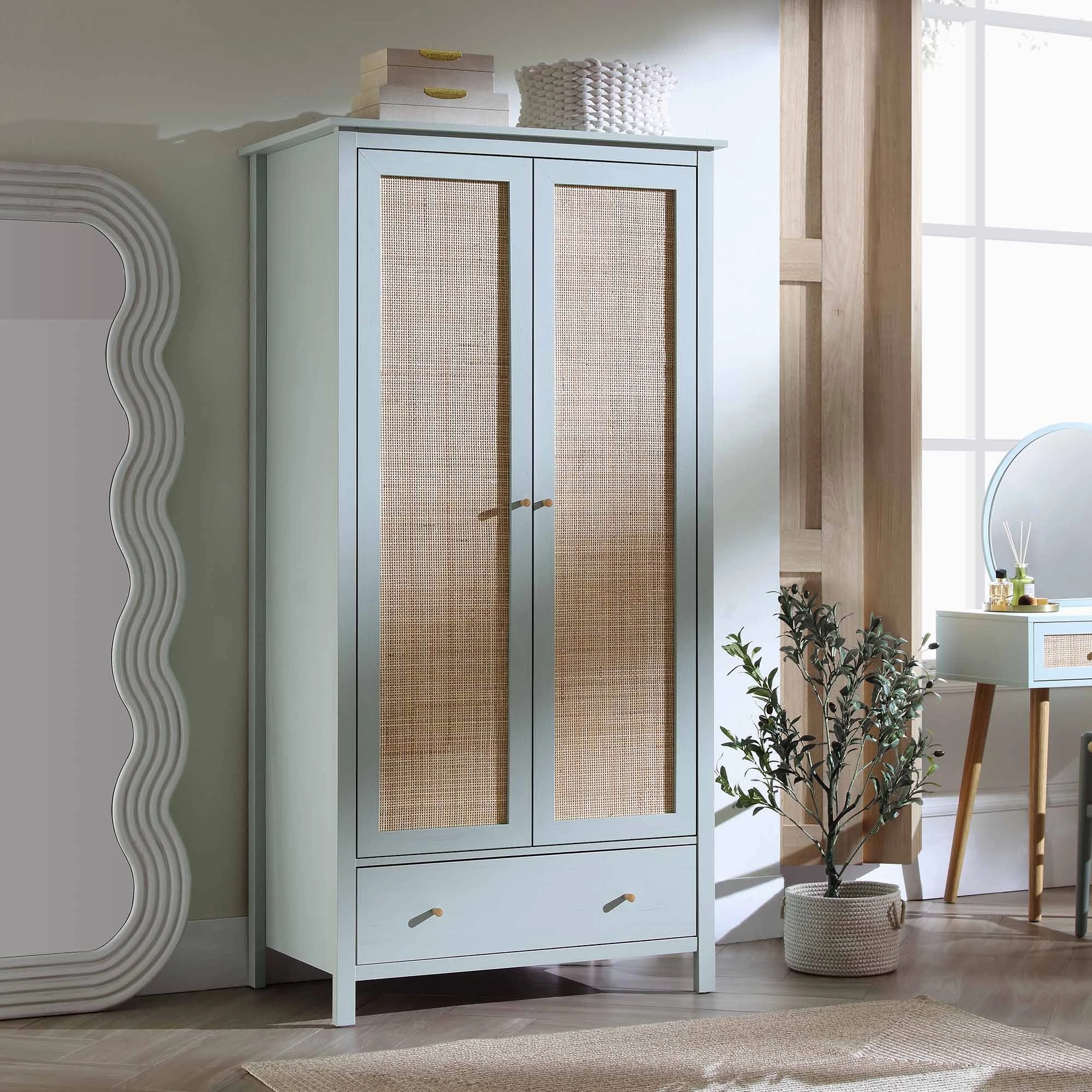 Frances Rattan Double Wardrobe with 1 Drawer, Mint
