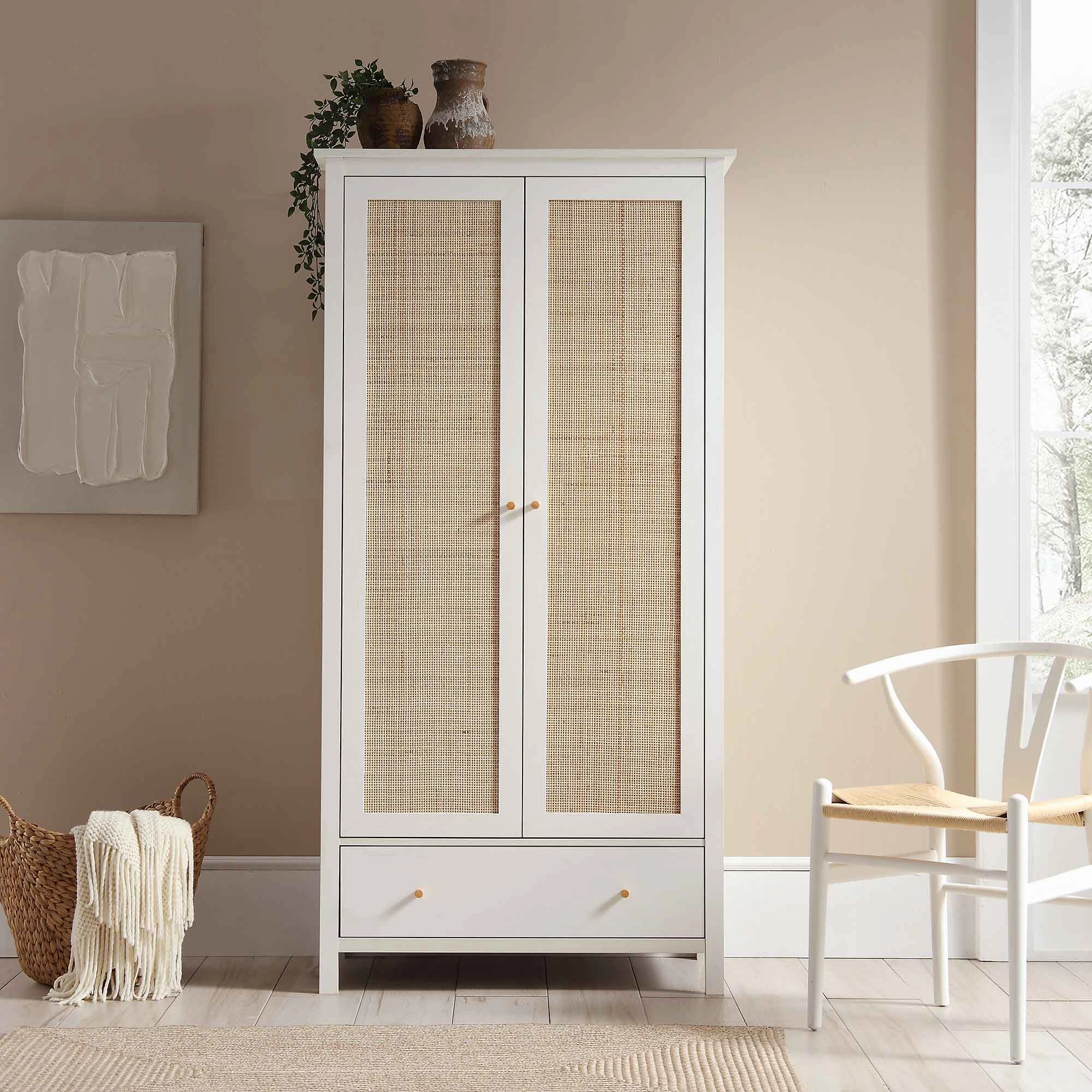Frances Rattan Double Wardrobe with 1 Drawer, White
