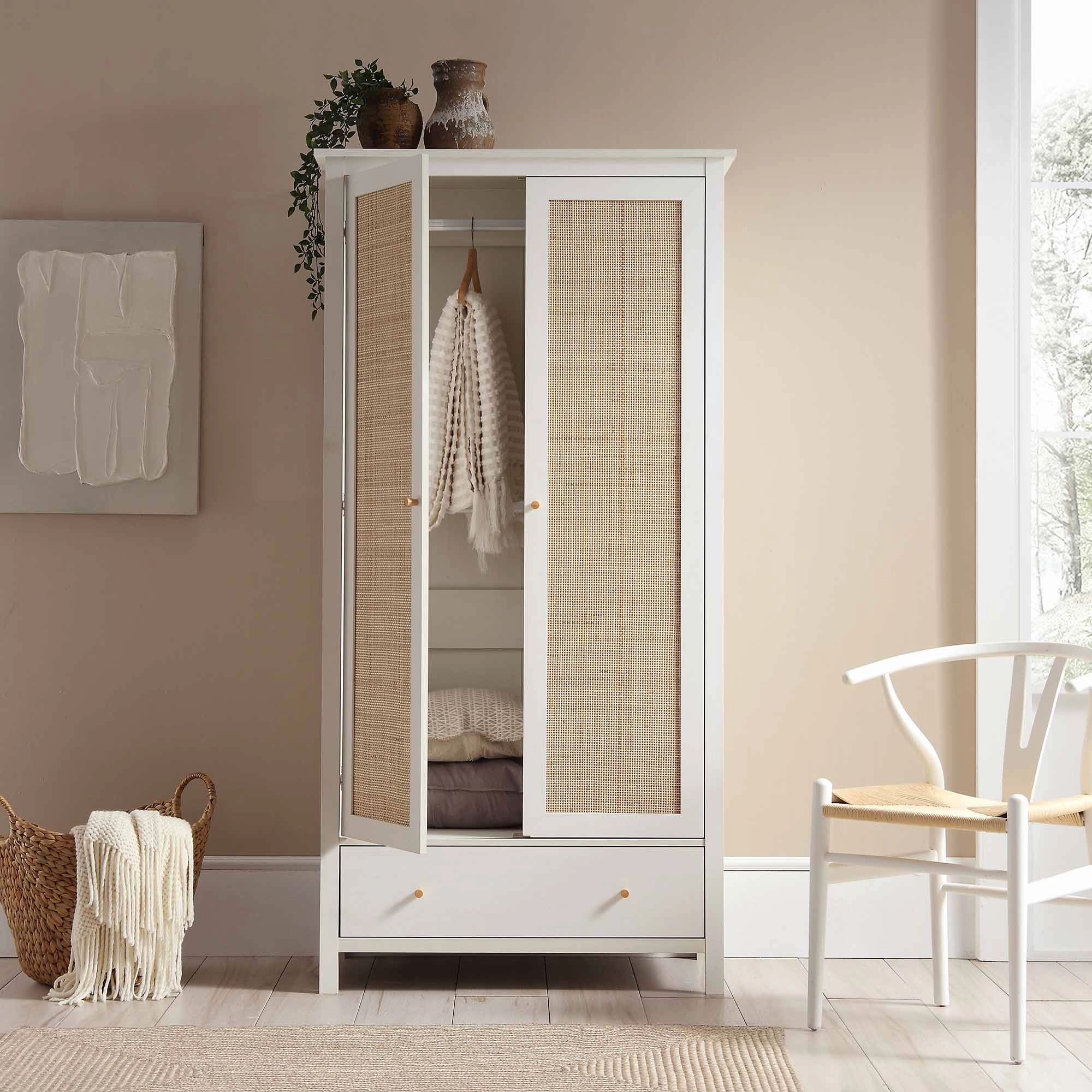 Frances Rattan Double Wardrobe with 1 Drawer, White