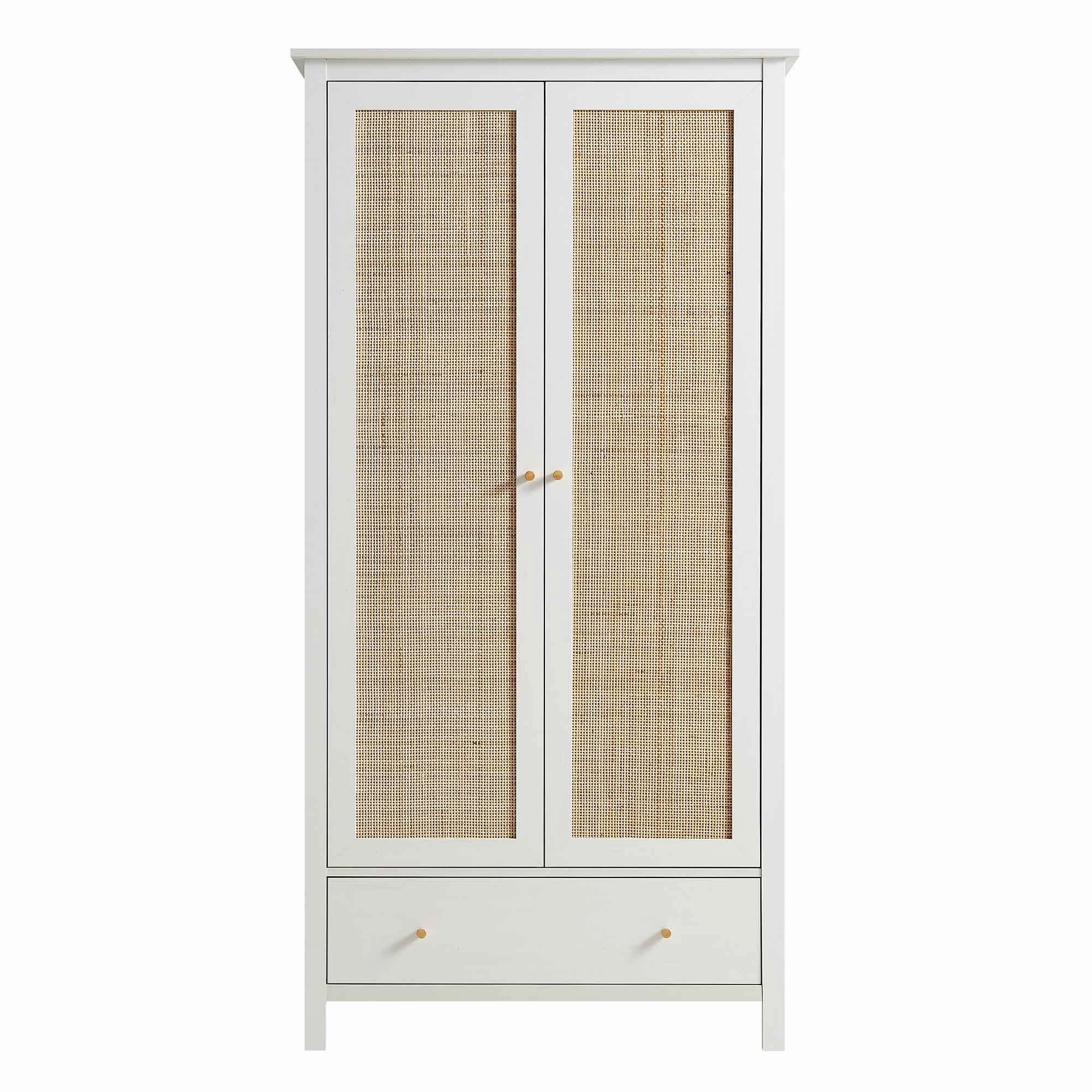 Frances Rattan Double Wardrobe with 1 Drawer, White