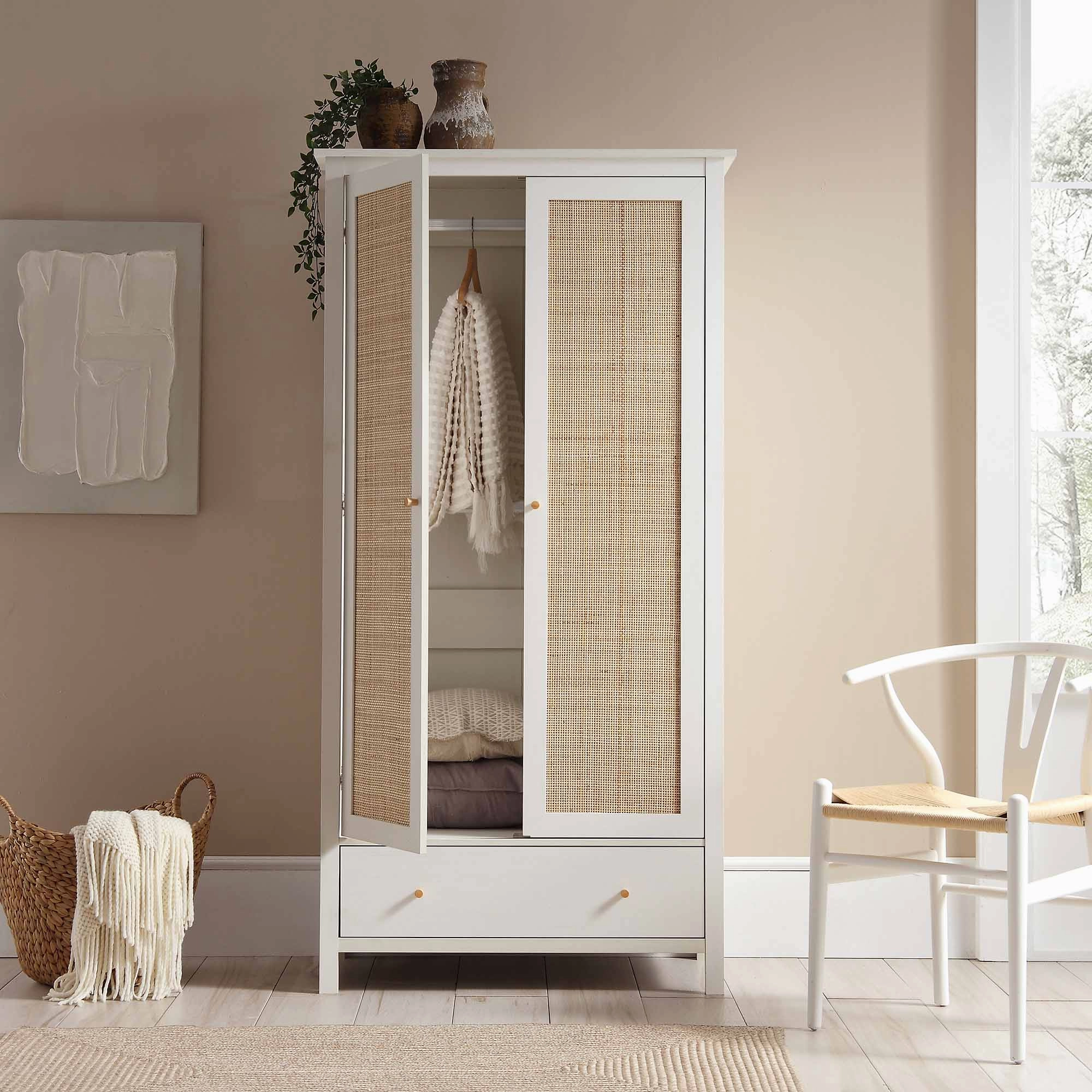 Frances Rattan Double Wardrobe with 1 Drawer, White