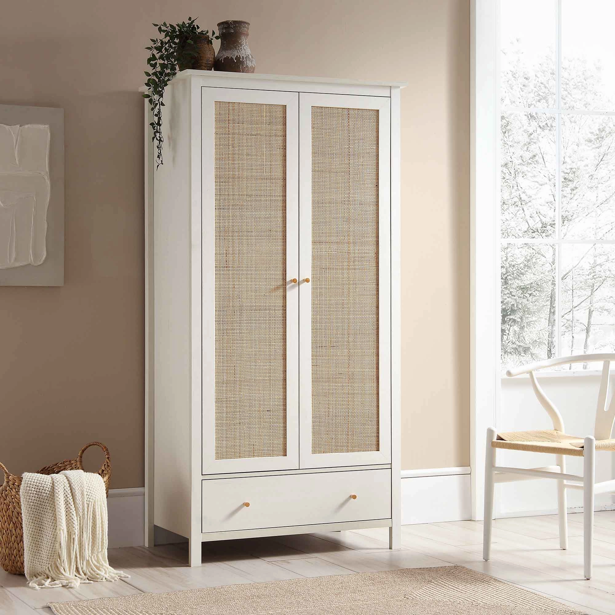 Frances Rattan Double Wardrobe with 1 Drawer, White