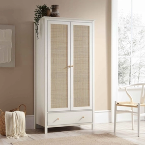 Frances Rattan Double Wardrobe with 1 Drawer, White