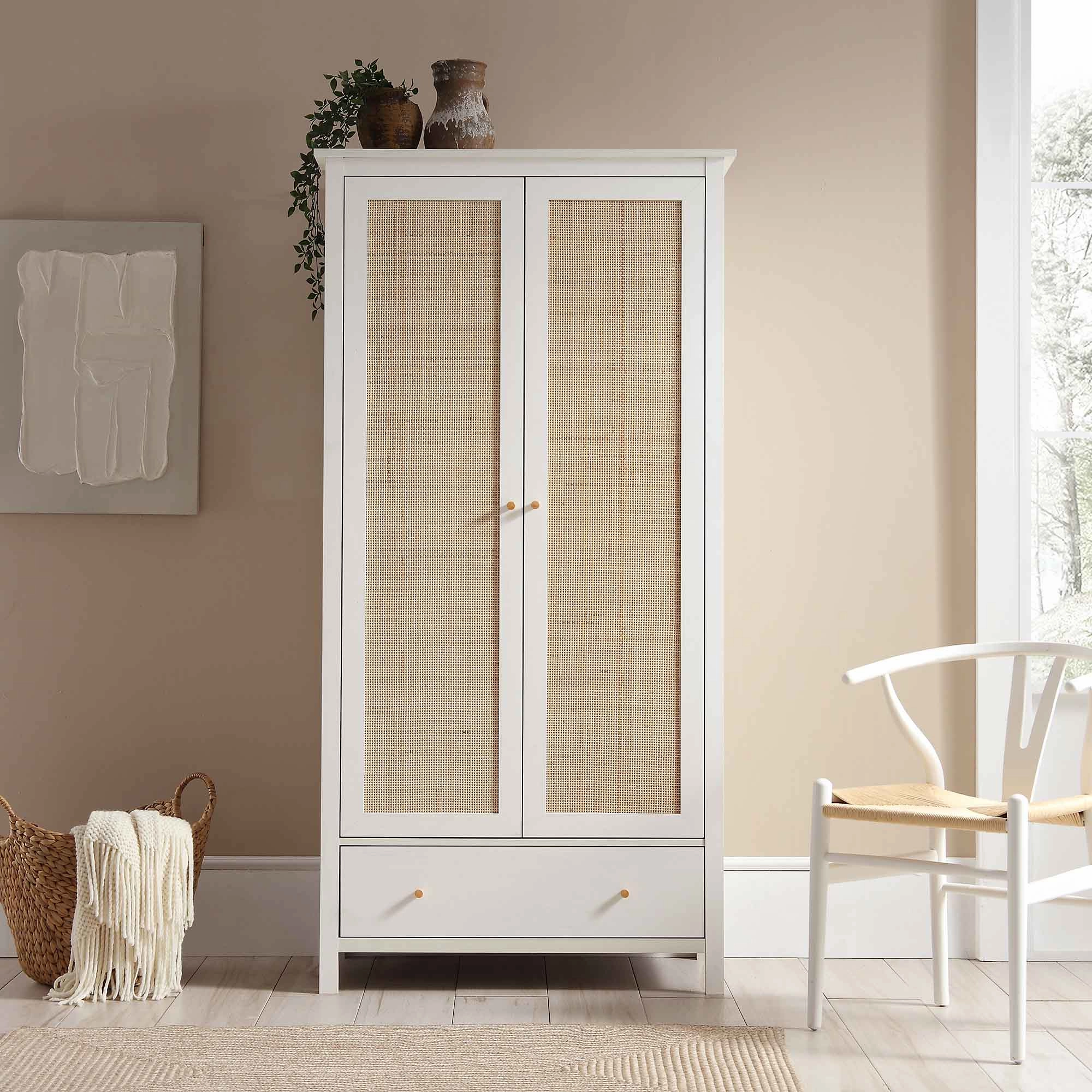 Frances Rattan Double Wardrobe with 1 Drawer, White