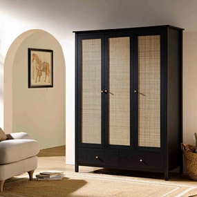 Frances Rattan Triple Wardrobe with 2 Drawers, Black