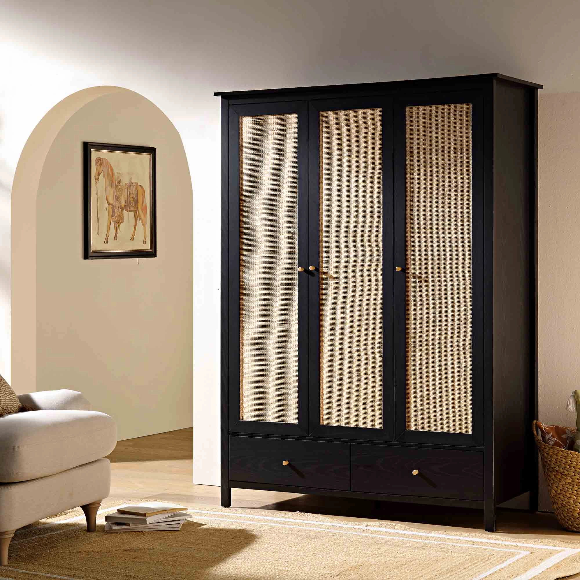 Frances Rattan Triple Wardrobe with 2 Drawers, Black