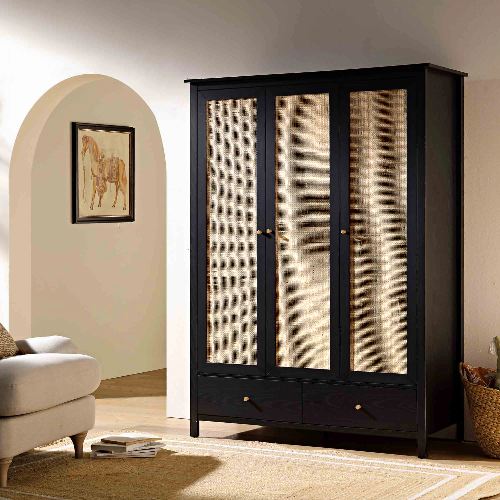 Frances Rattan Triple Wardrobe with 2 Drawers, Black