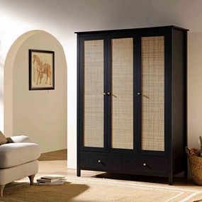 Frances Rattan Triple Wardrobe with 2 Drawers, Black
