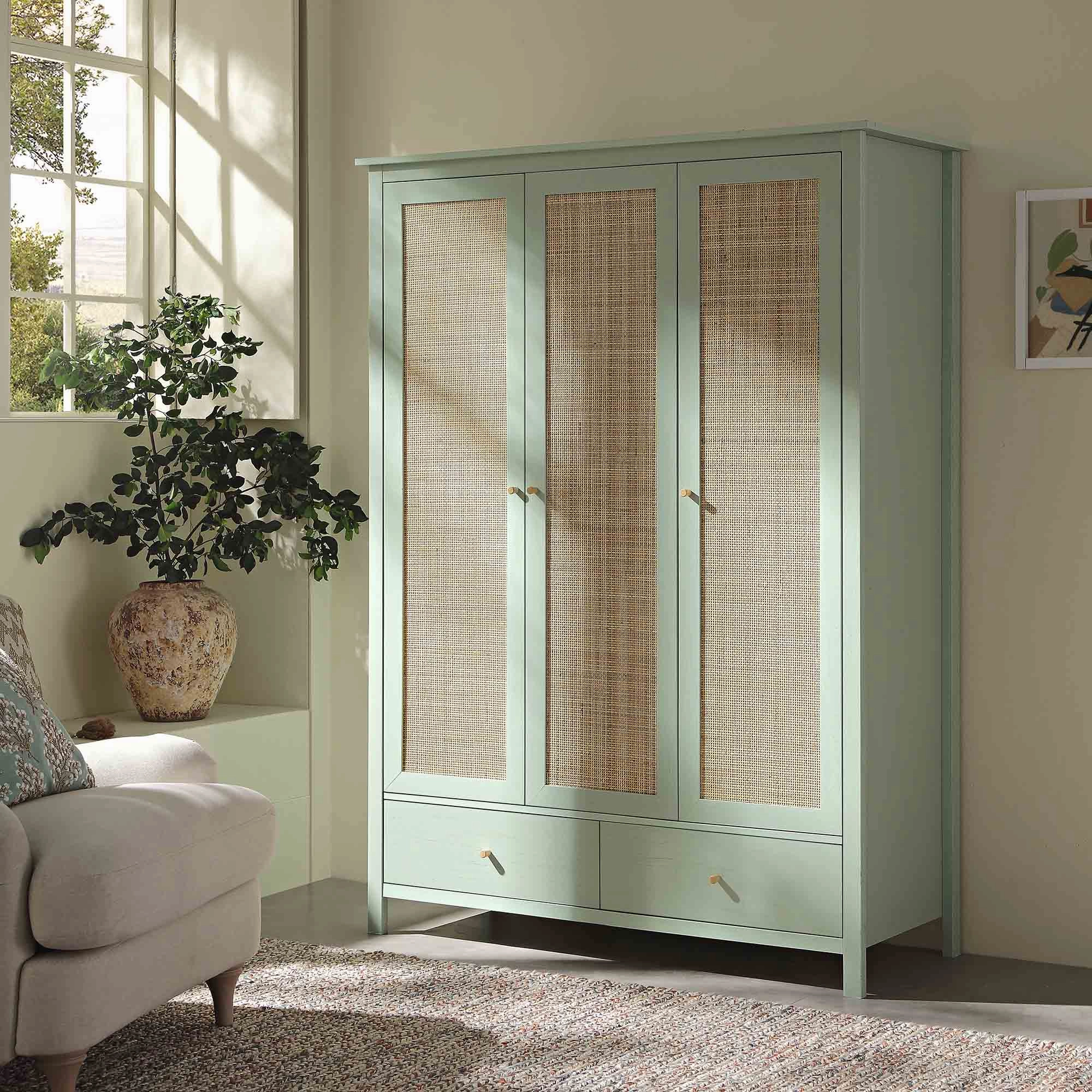 Frances Rattan Triple Wardrobe with 2 Drawers, Mint