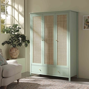 Frances Rattan Triple Wardrobe with 2 Drawers, Mint