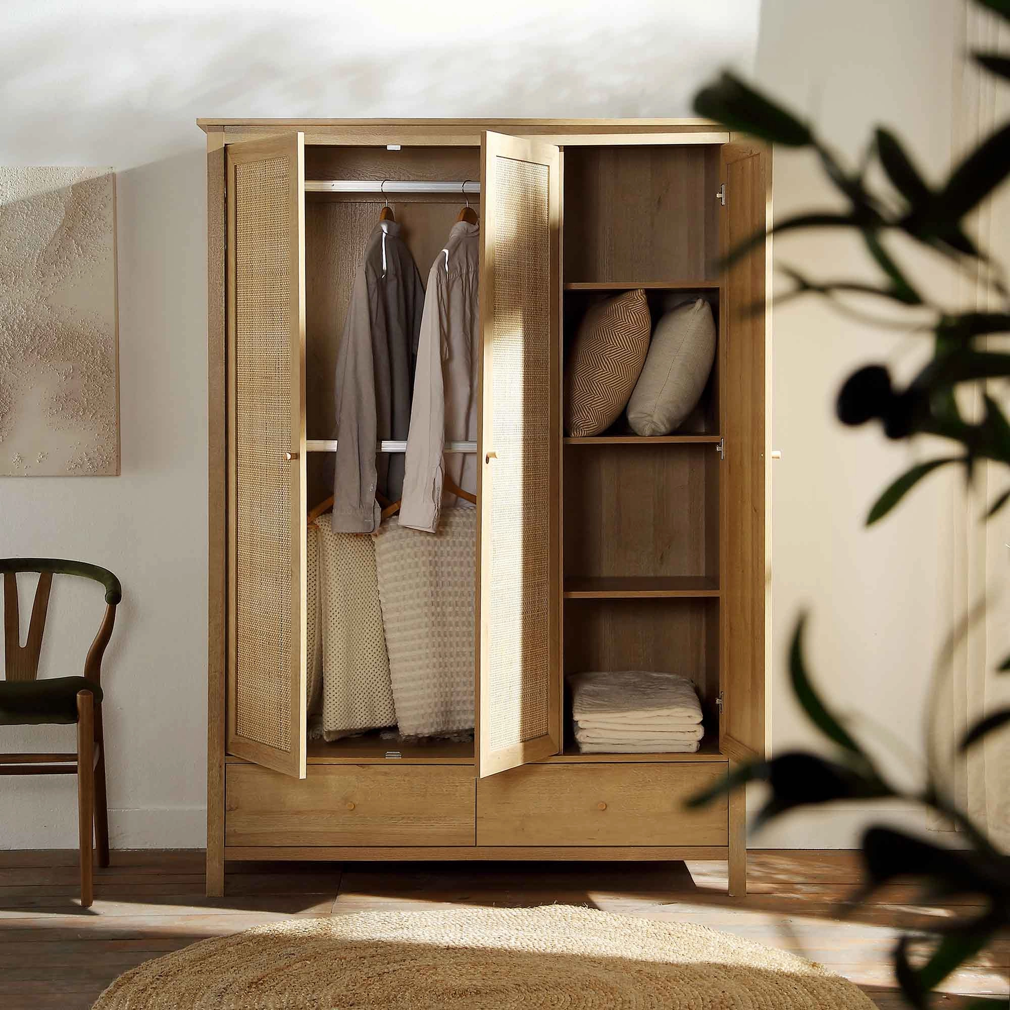 Frances Rattan Triple Wardrobe with 2 Drawers, Natural