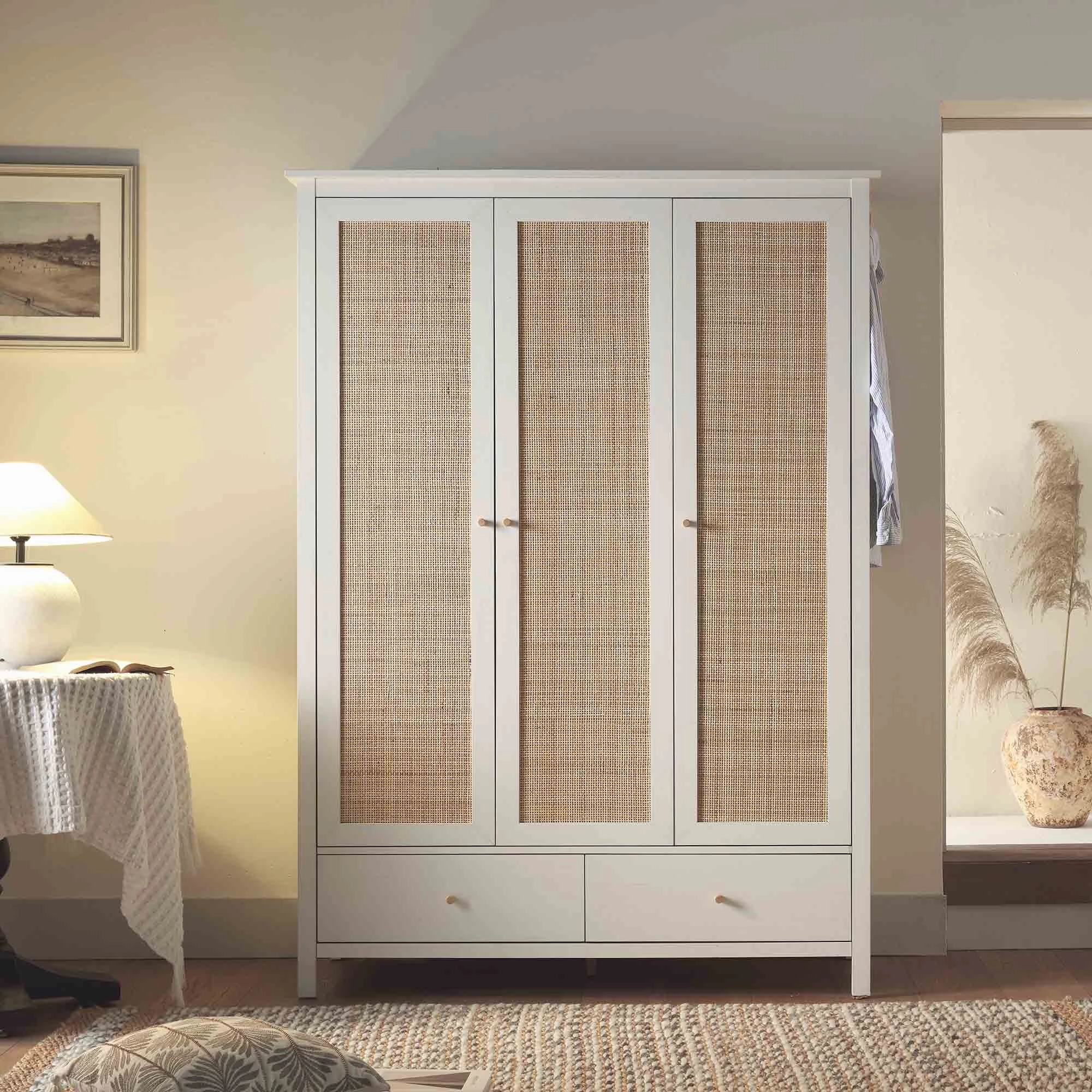 Frances Rattan Triple Wardrobe with 2 Drawers, White