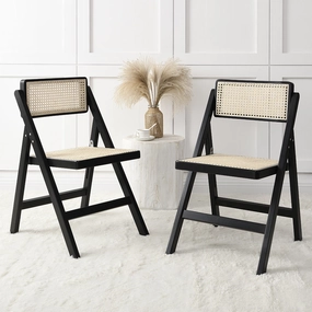 Frances Set of 2 Folding Cane Rattan Chairs, Black Colour