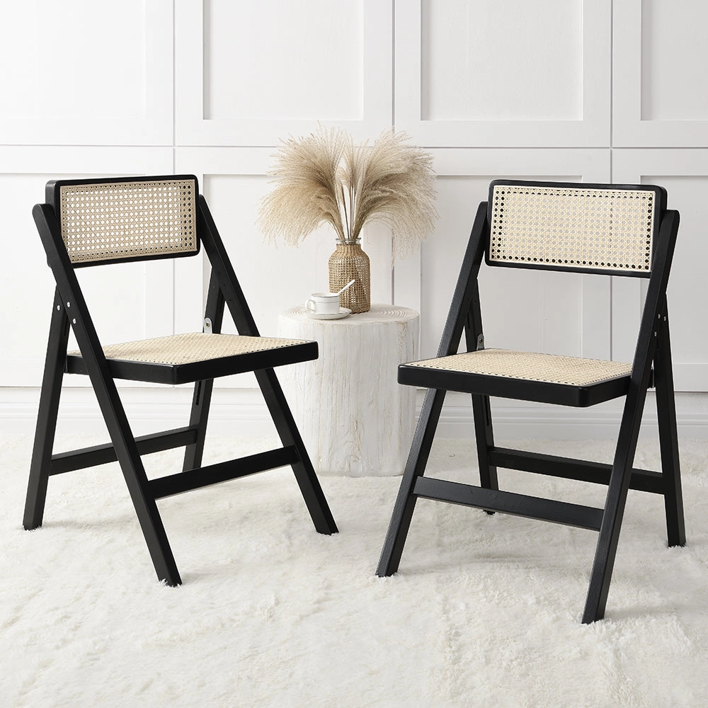 Frances Set of 2 Folding Cane Rattan Chairs, Black Colour