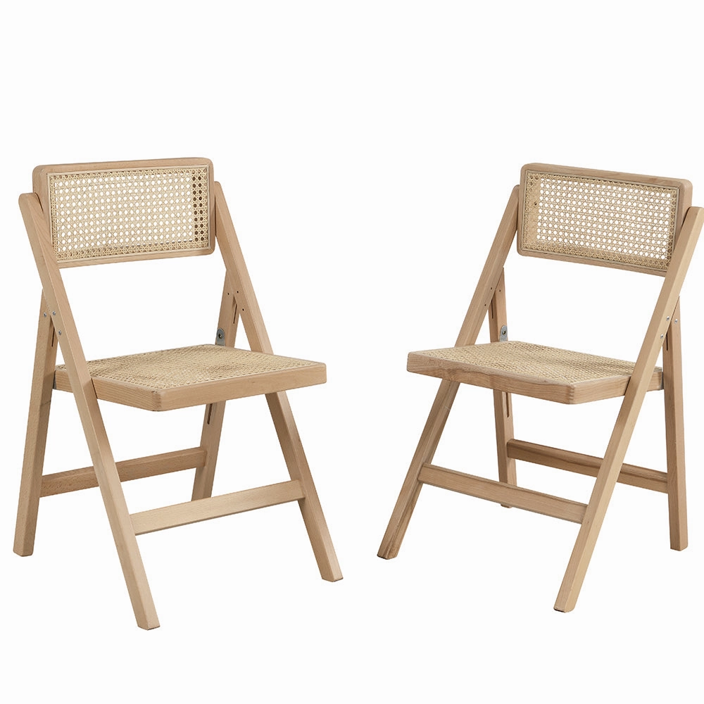 Frances Set of 2 Folding Cane Rattan Chairs, Natural Colour