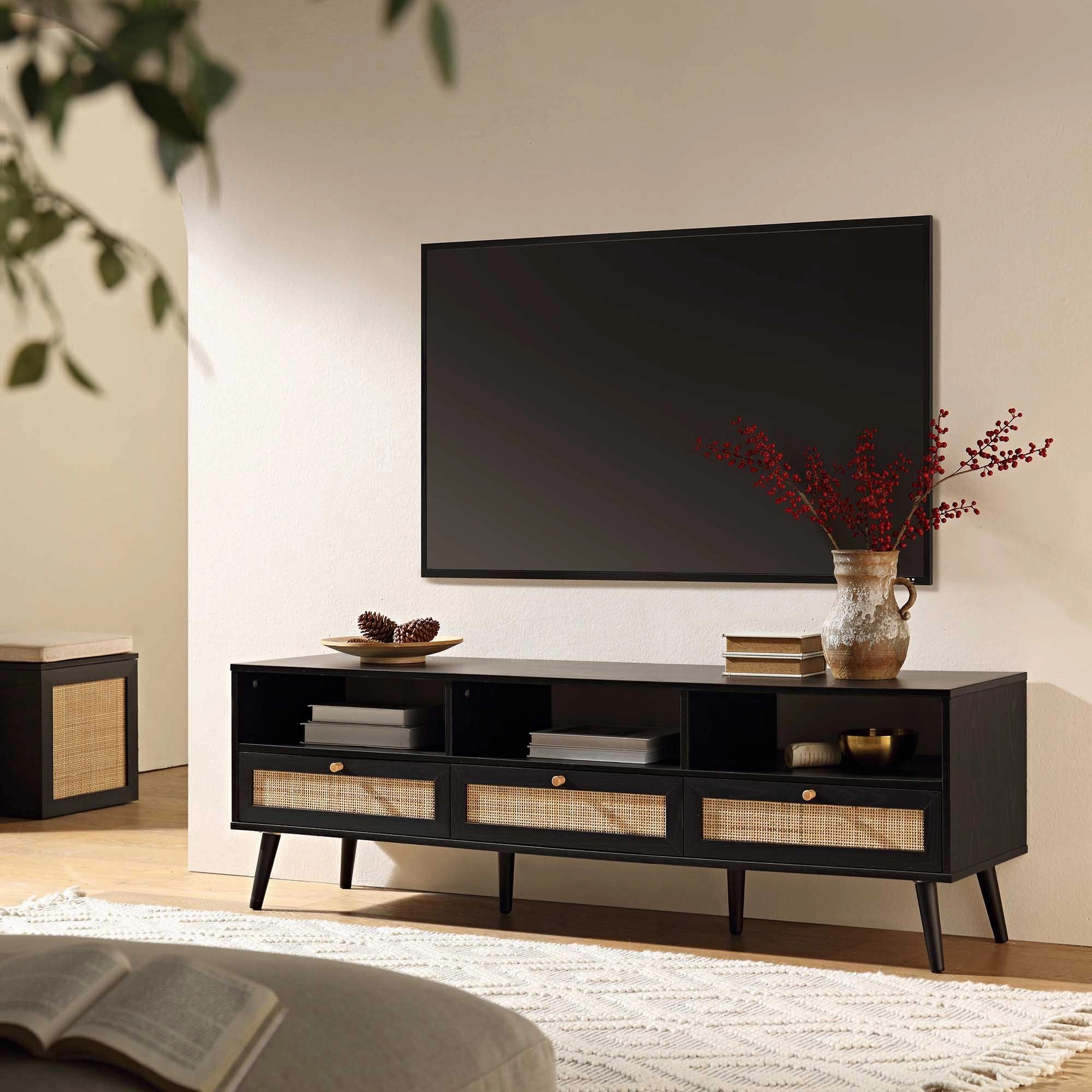 Frances Woven Rattan 160cm 3-Drawer TV Unit, Black