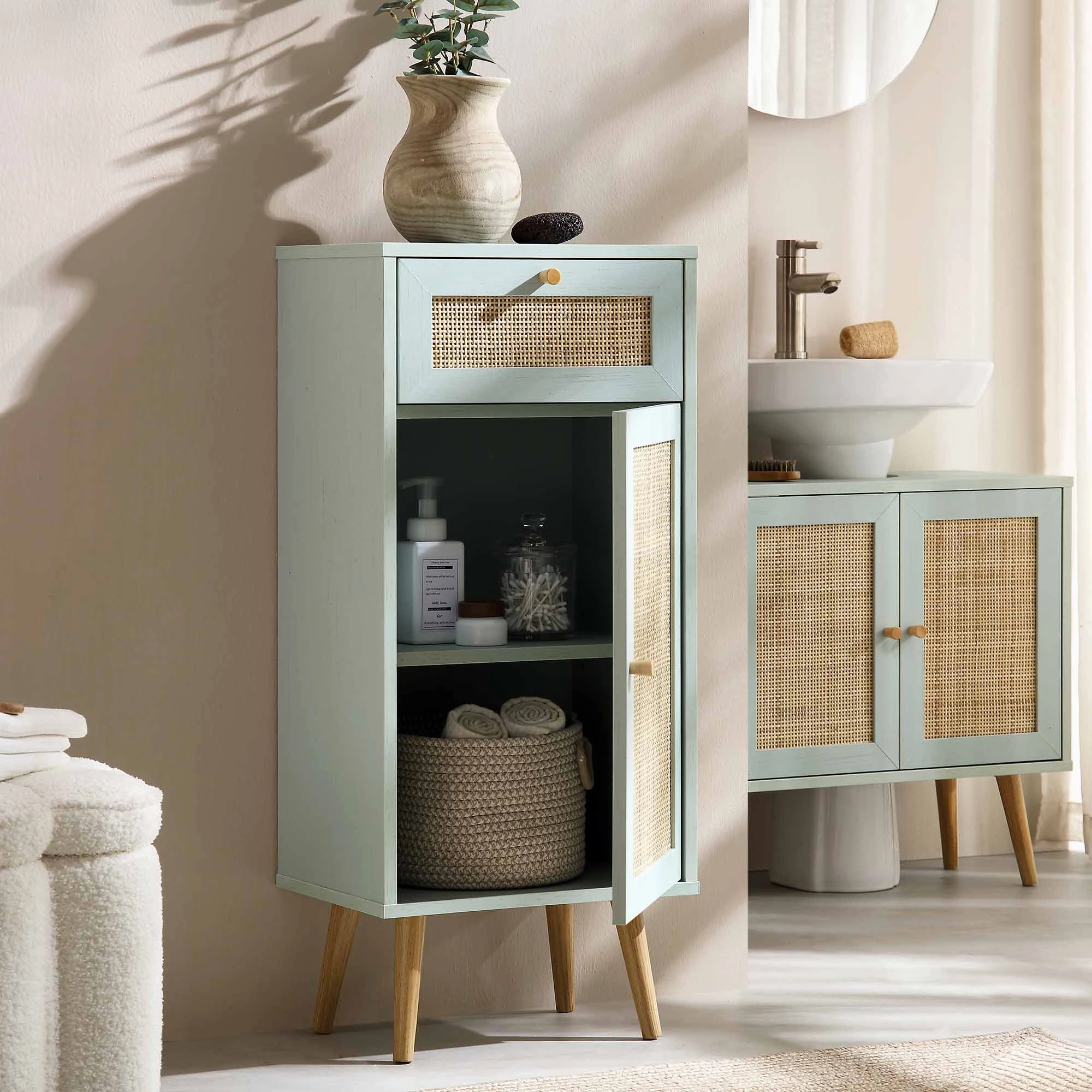 Frances Woven Rattan 1-Door Bathroom Cabinet, Mint