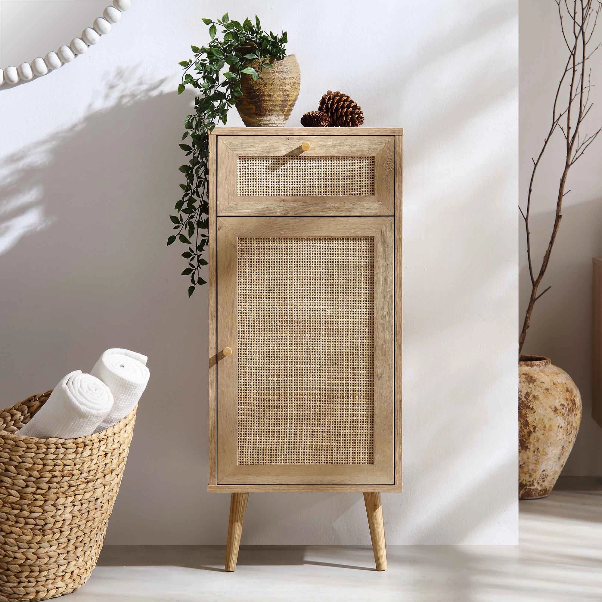 Frances Woven Rattan 1-Door Bathroom Cabinet, Natural