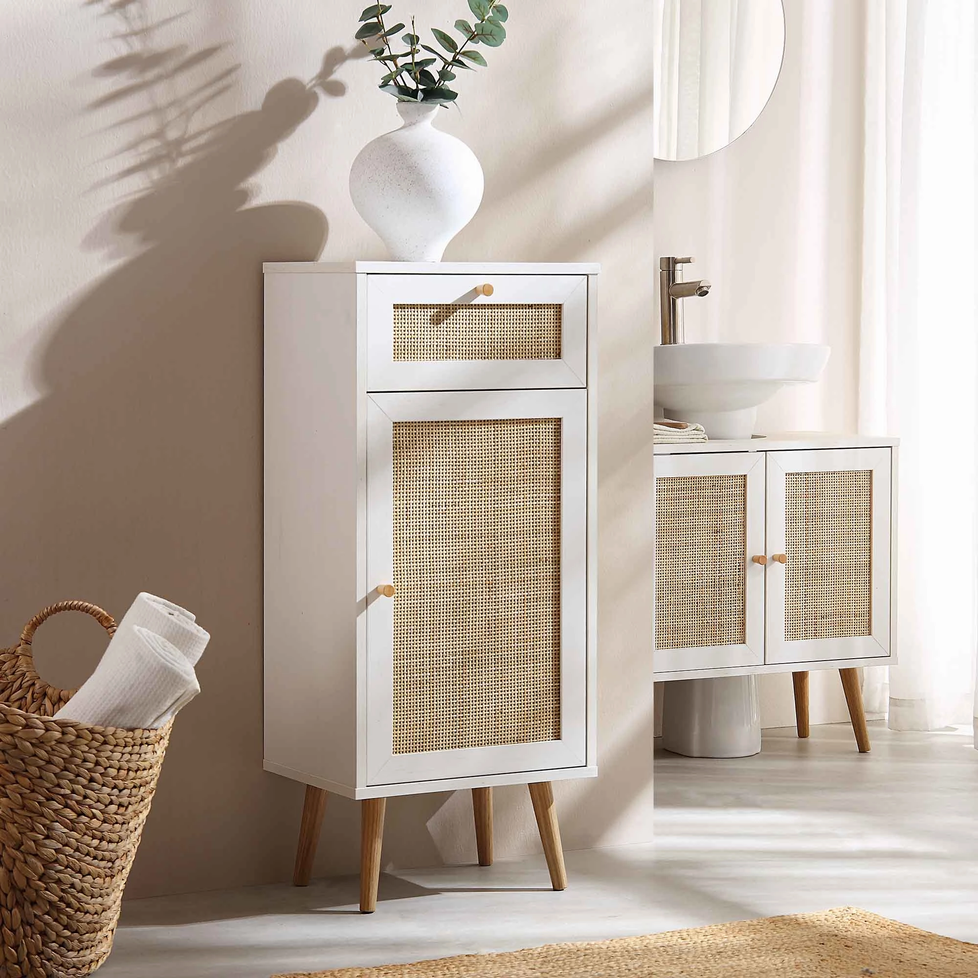 Frances Woven Rattan 1-Door Bathroom Cabinet, White